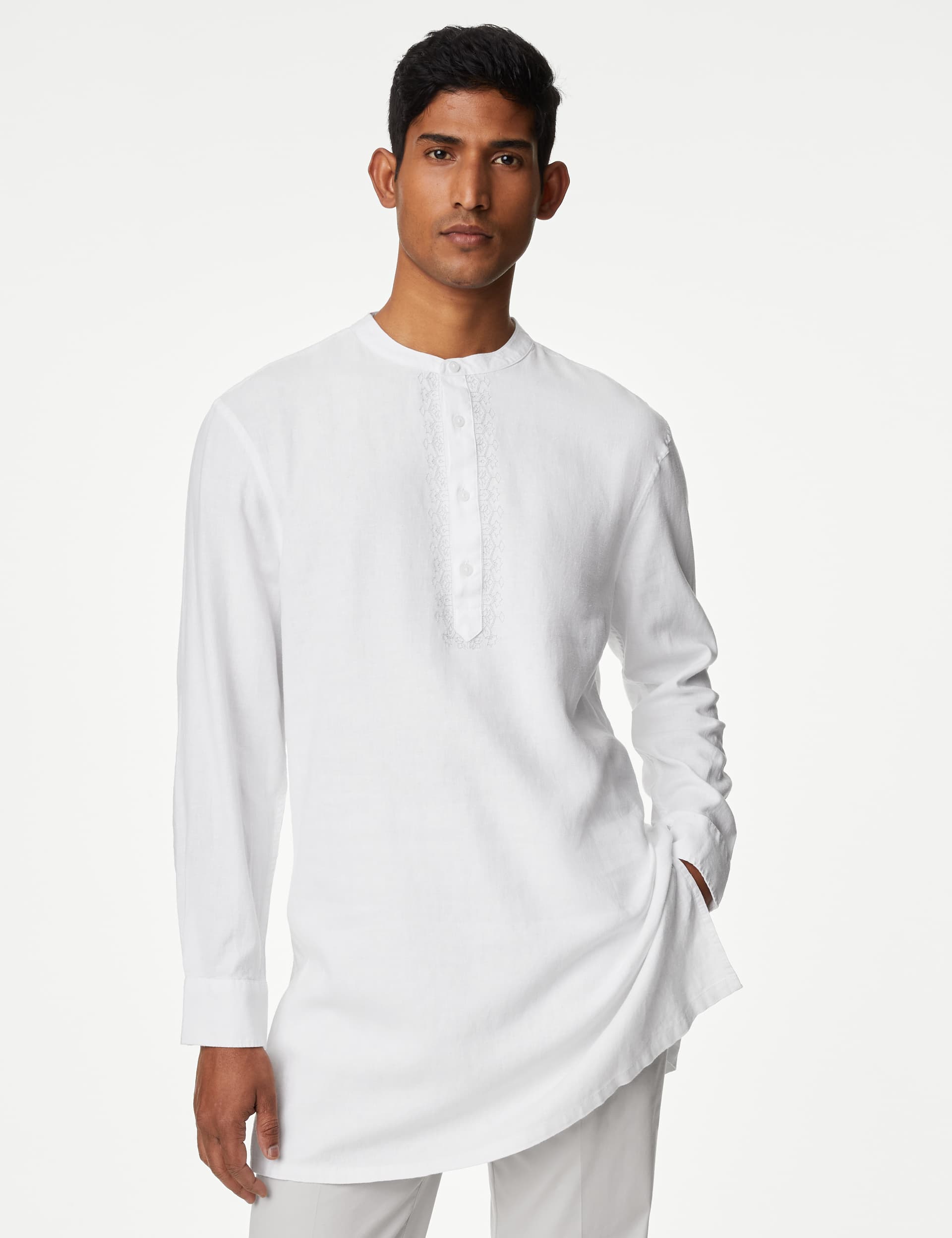 M&S Men's Linen Rich Longer Length Kurta - LREG - White, White,Black