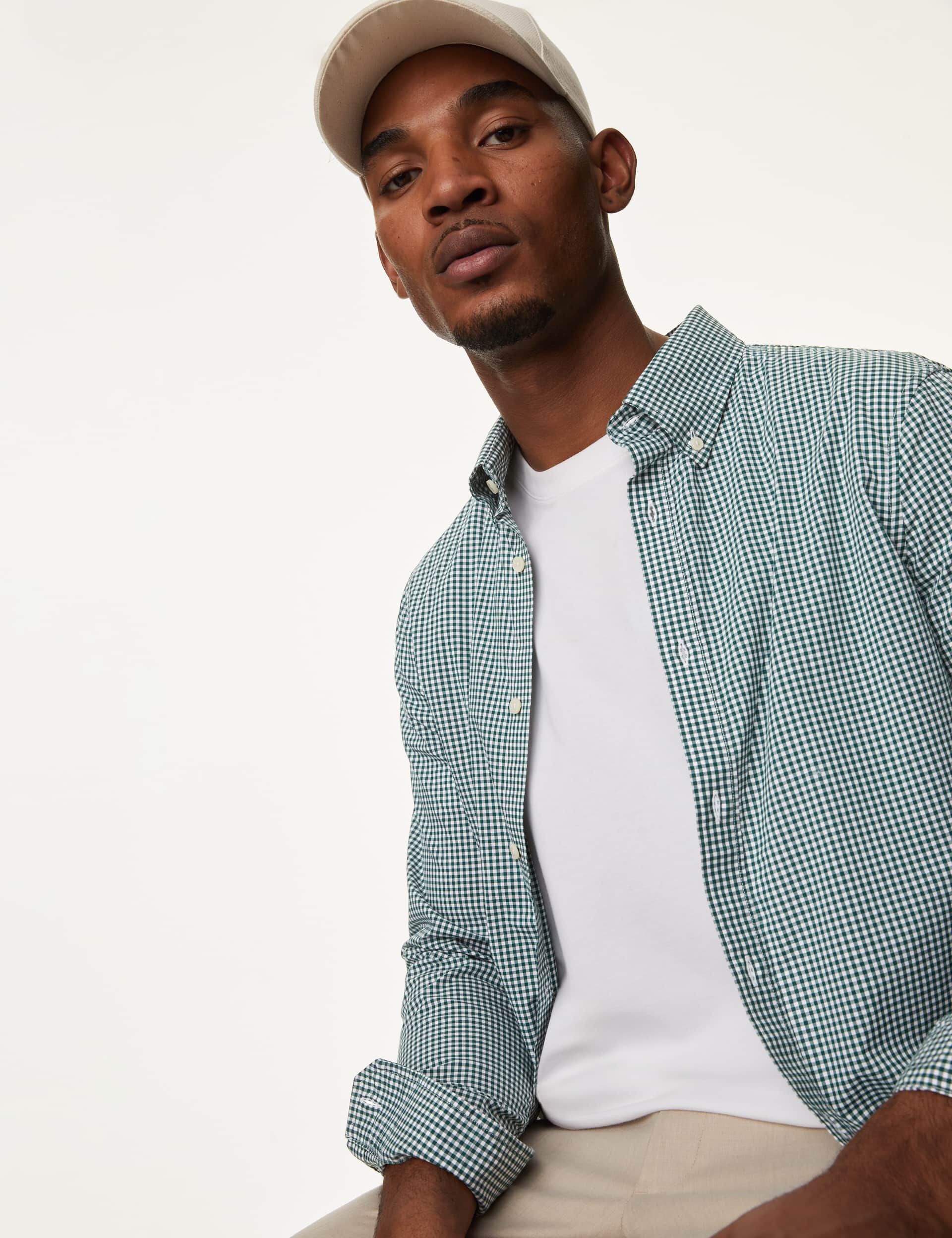 M&S Men's Easy Iron Cotton Stretch Gingham Oxford Shirt