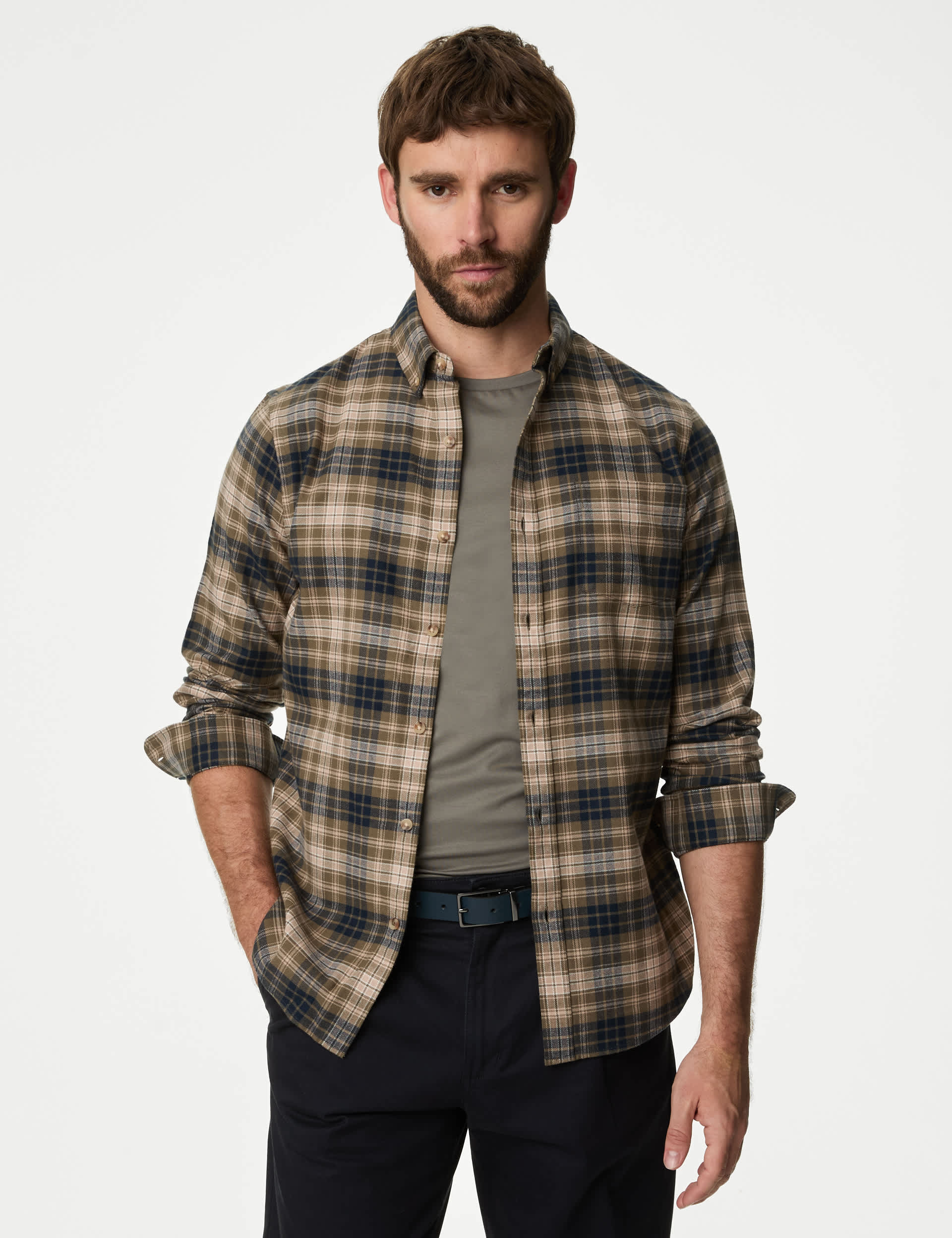 M&S Men's Pure Cotton Flannel Shirt - LREG - Green Mix, Green Mix,Blue Mix,Black Mix,Brandy