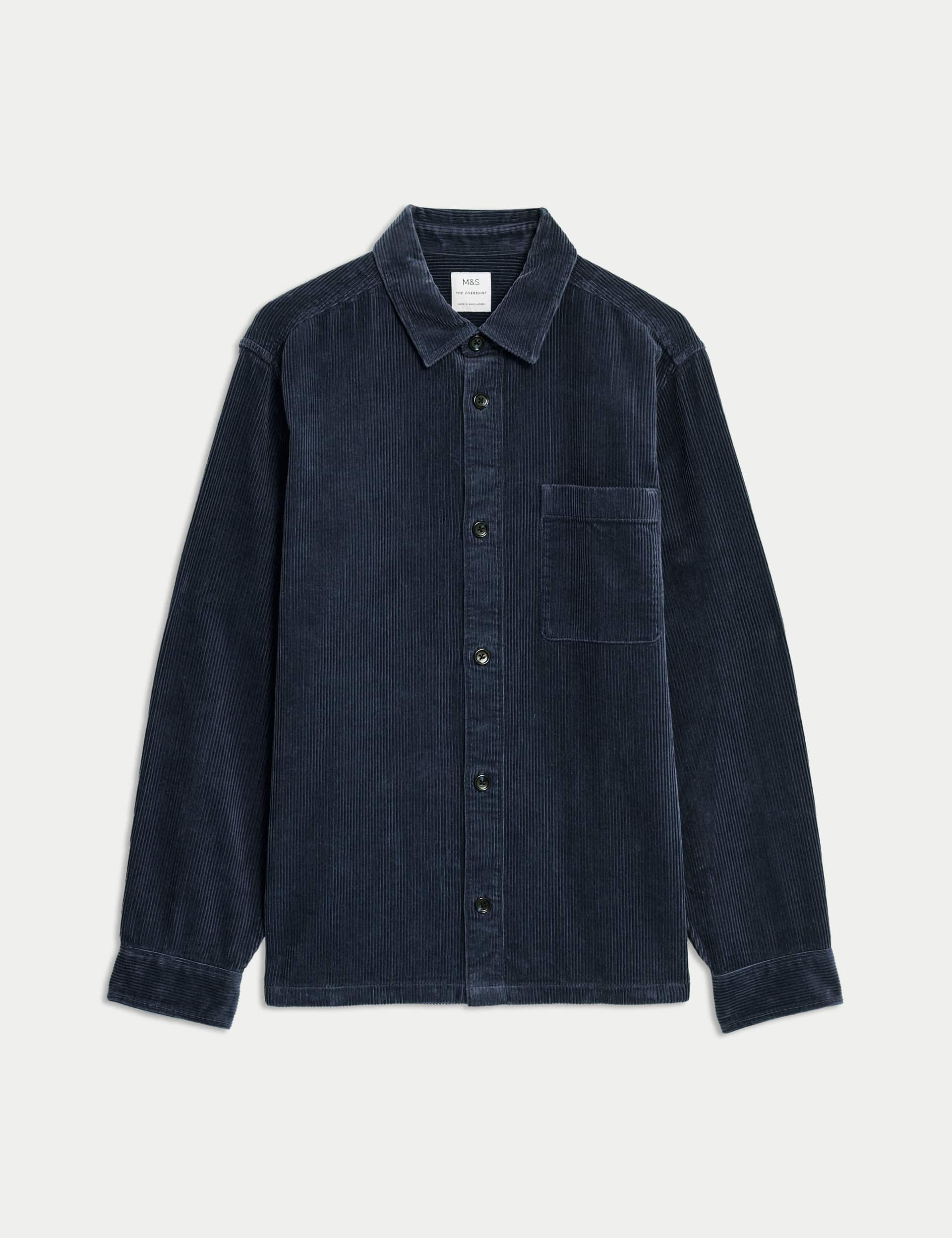 M&S Men's Pure Cotton Corduroy Overshirt - LREG - Dark Navy, Dark Sage,Chocolate,Dark Evergreen,Dark Navy