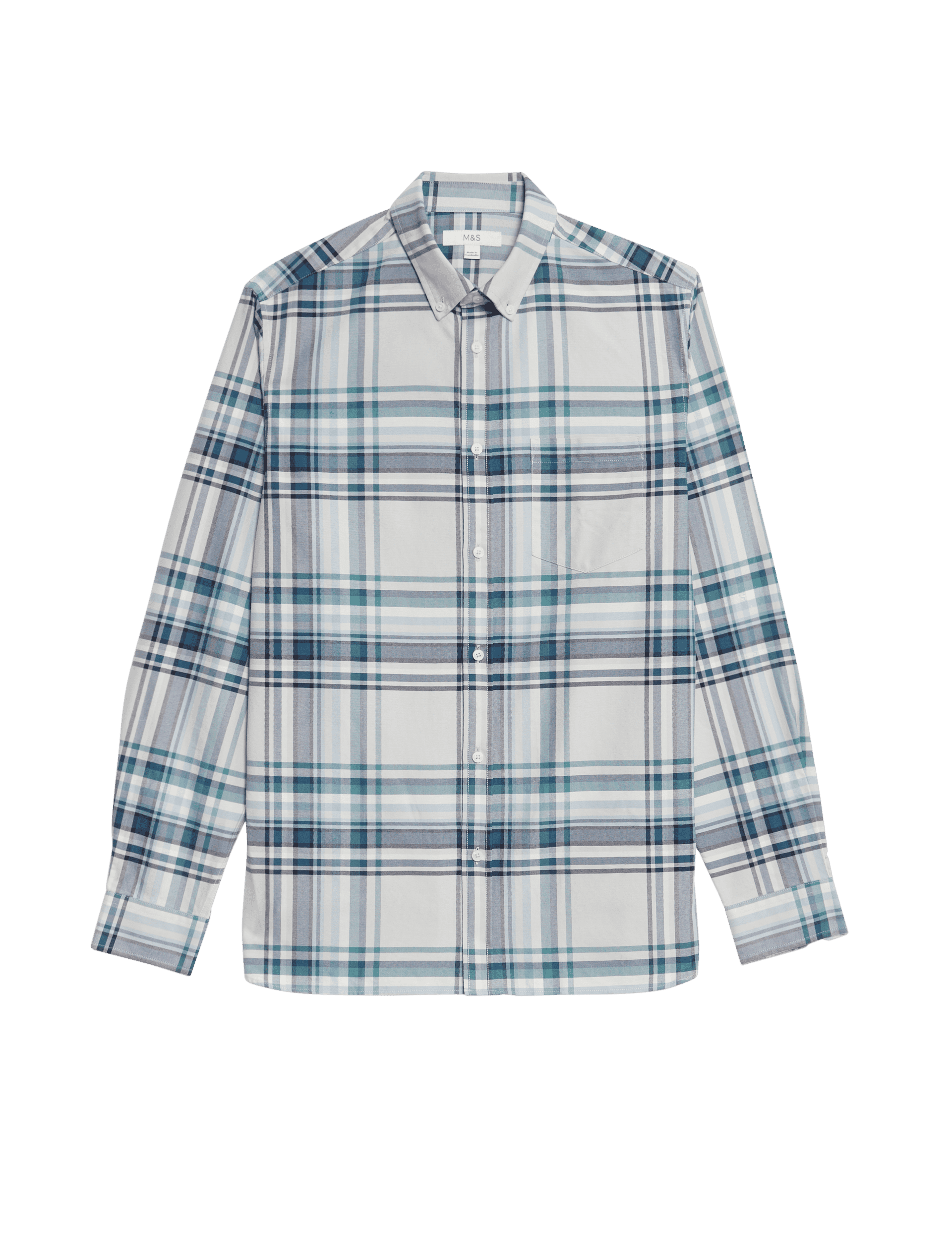 M&S Collection Men's Pure Cotton Check Oxford Shirt - MREG - Grey Mix, Blue Mix,Grey Mix