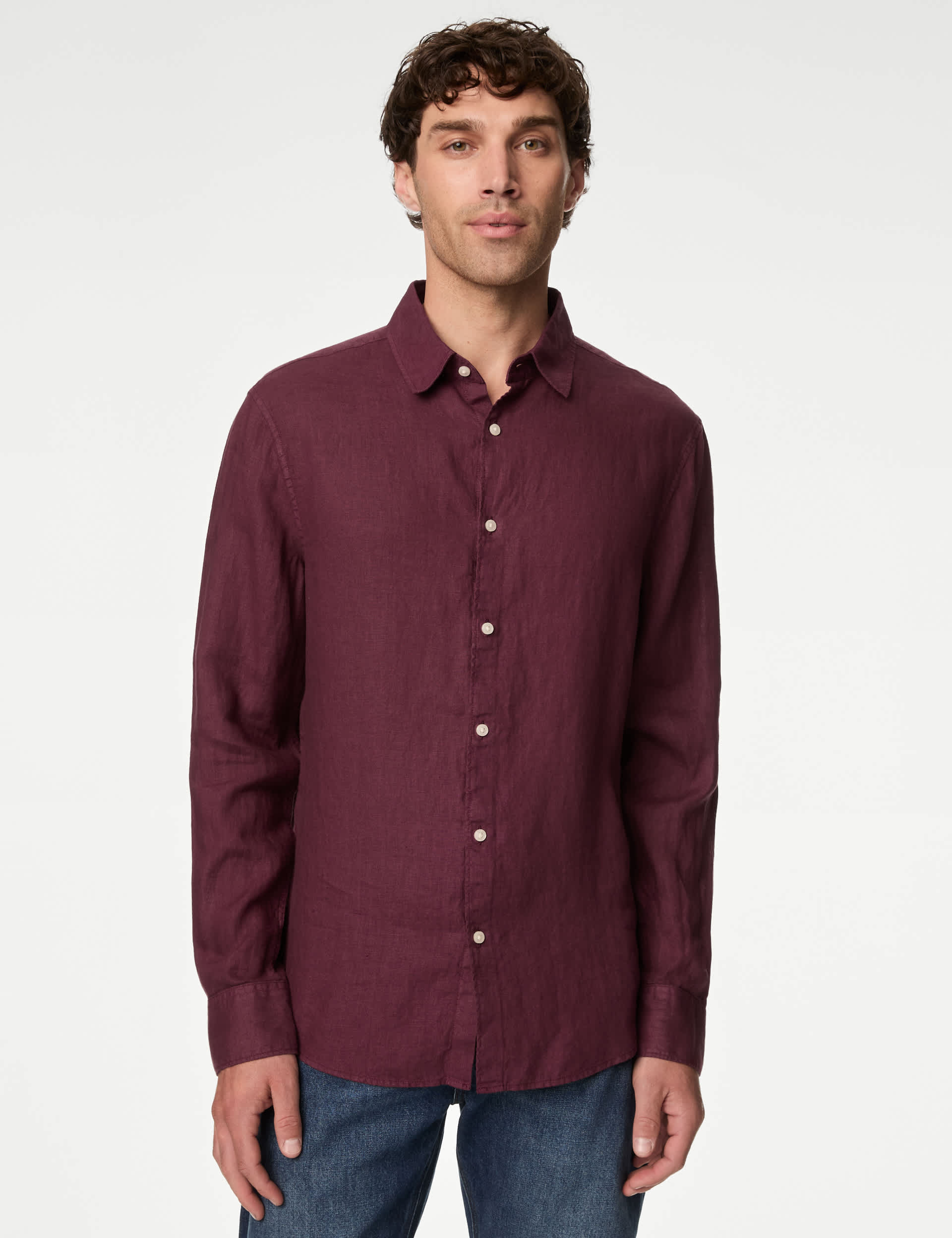 M&S Men's Pure Linen Shirt - LREG - Wine, Navy,Wine