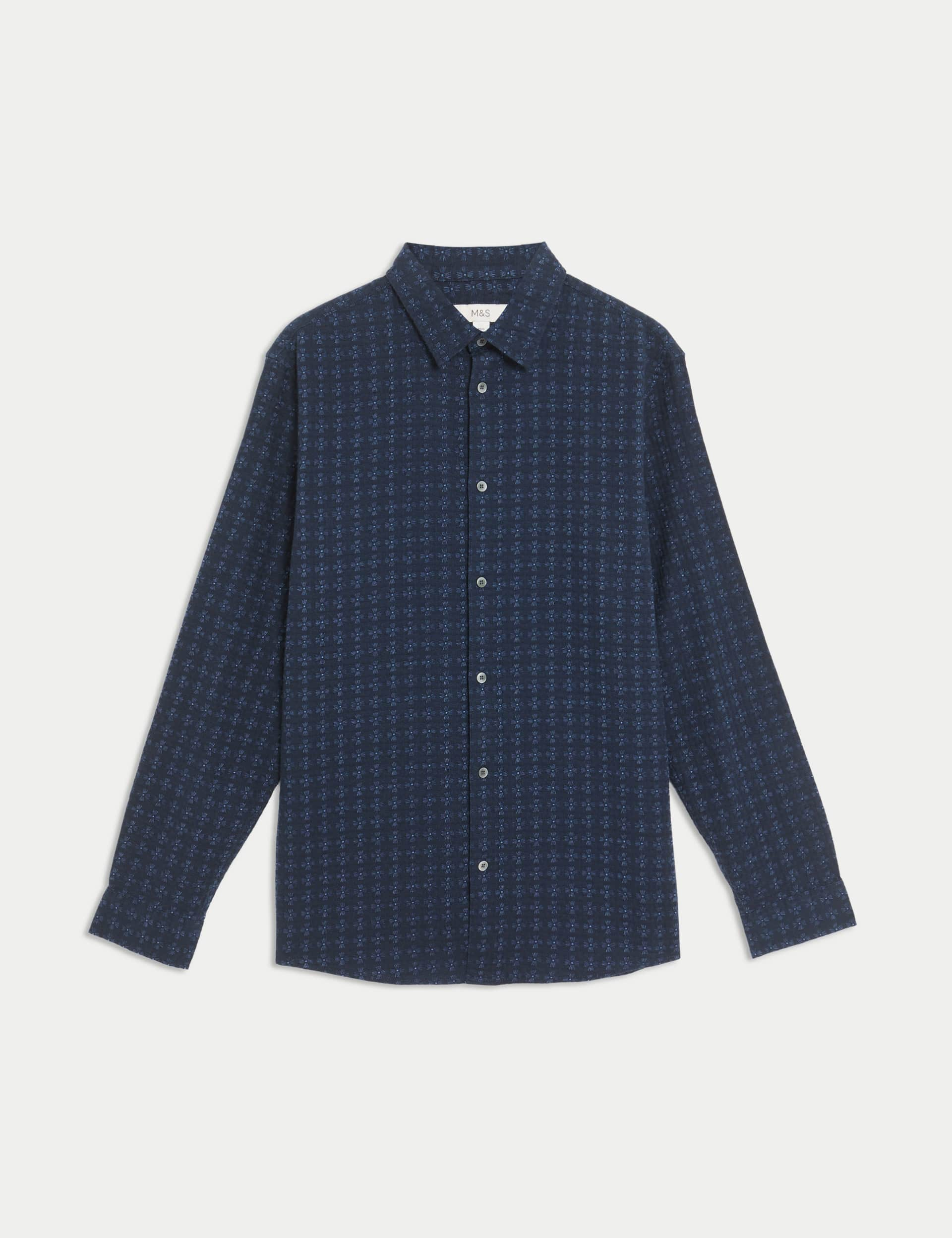 M&S Collection Men's Pure Cotton Geometric Print Shirt - LREG - Navy Mix, Navy Mix,Neutral