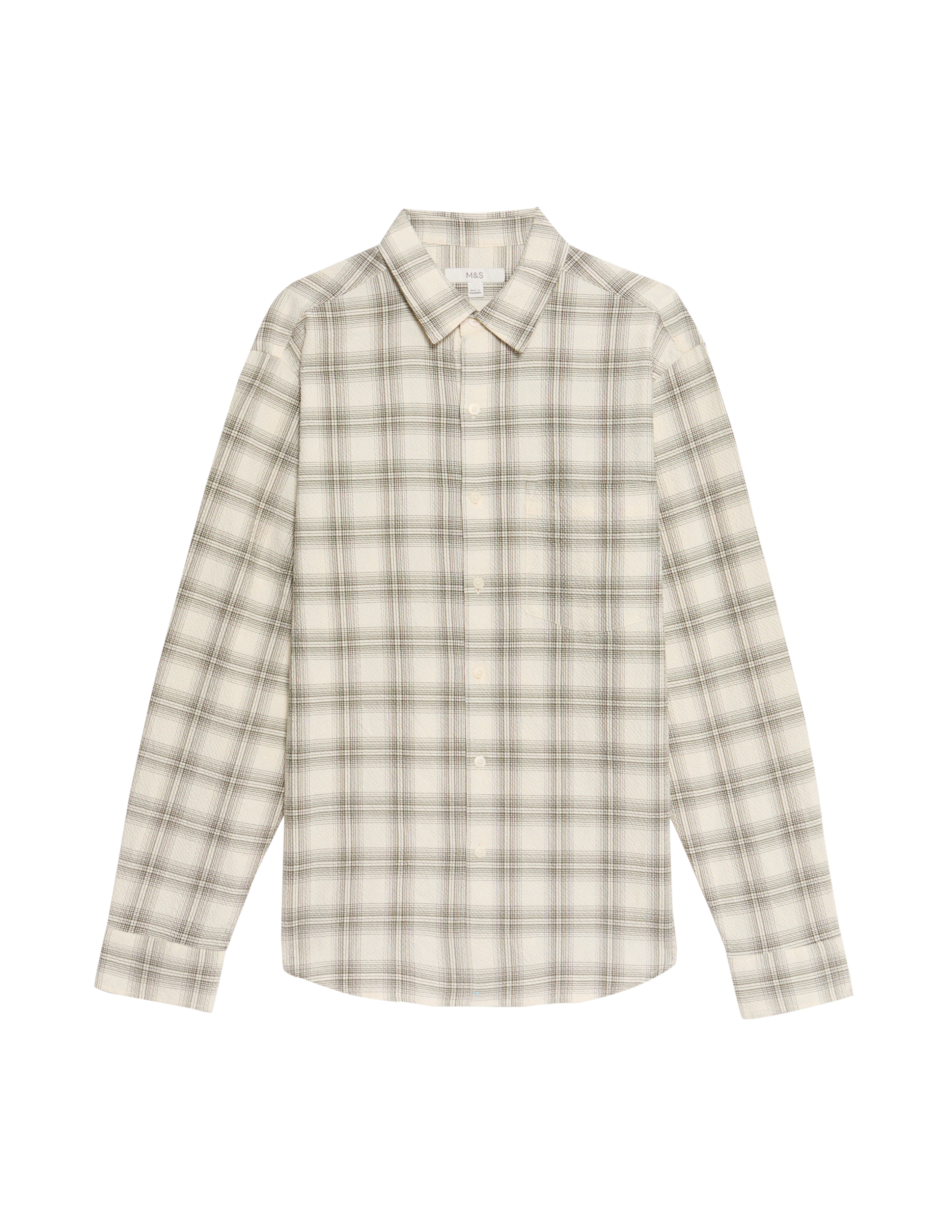 M&S Collection Men's Cotton Rich Check Seersucker Shirt - LREG - Ecru Mix, Navy Mix,Ecru Mix