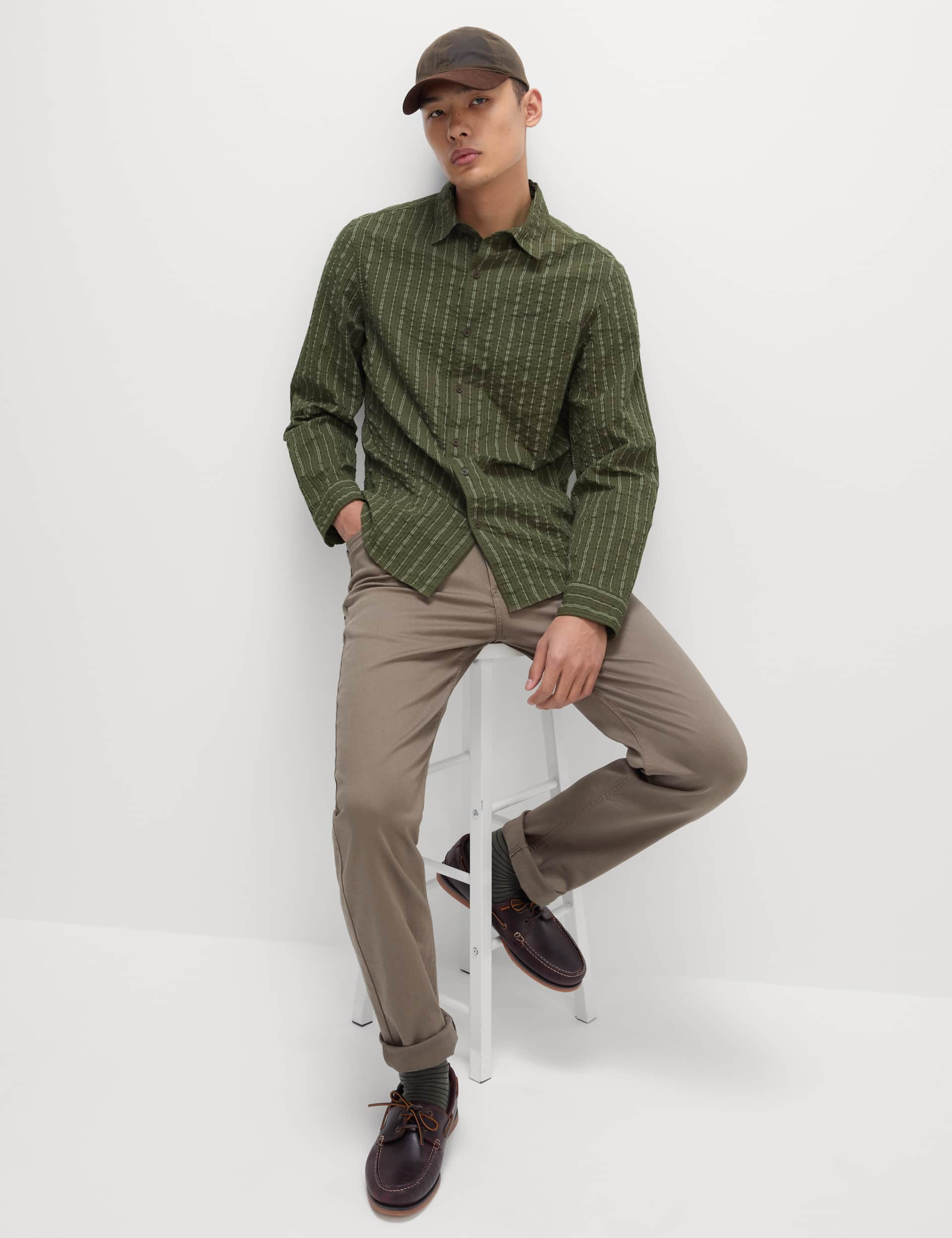 M&S Collection Men's Pure Cotton Striped Seersucker Shirt - LREG - Khaki Mix, Khaki Mix,Ecru Mix