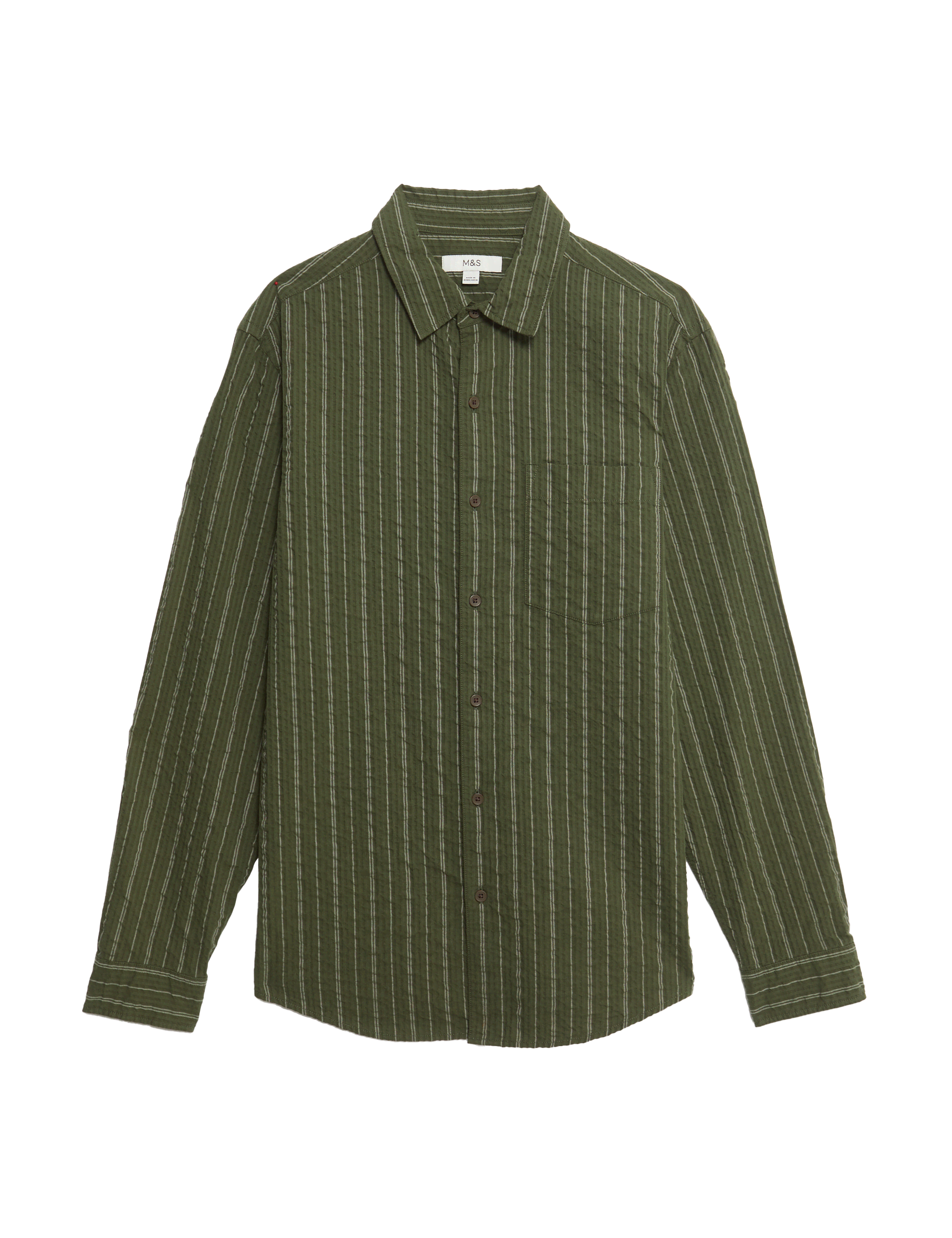 M&S Collection Men's Pure Cotton Striped Seersucker Shirt - LREG - Khaki Mix, Ecru Mix,Khaki Mix