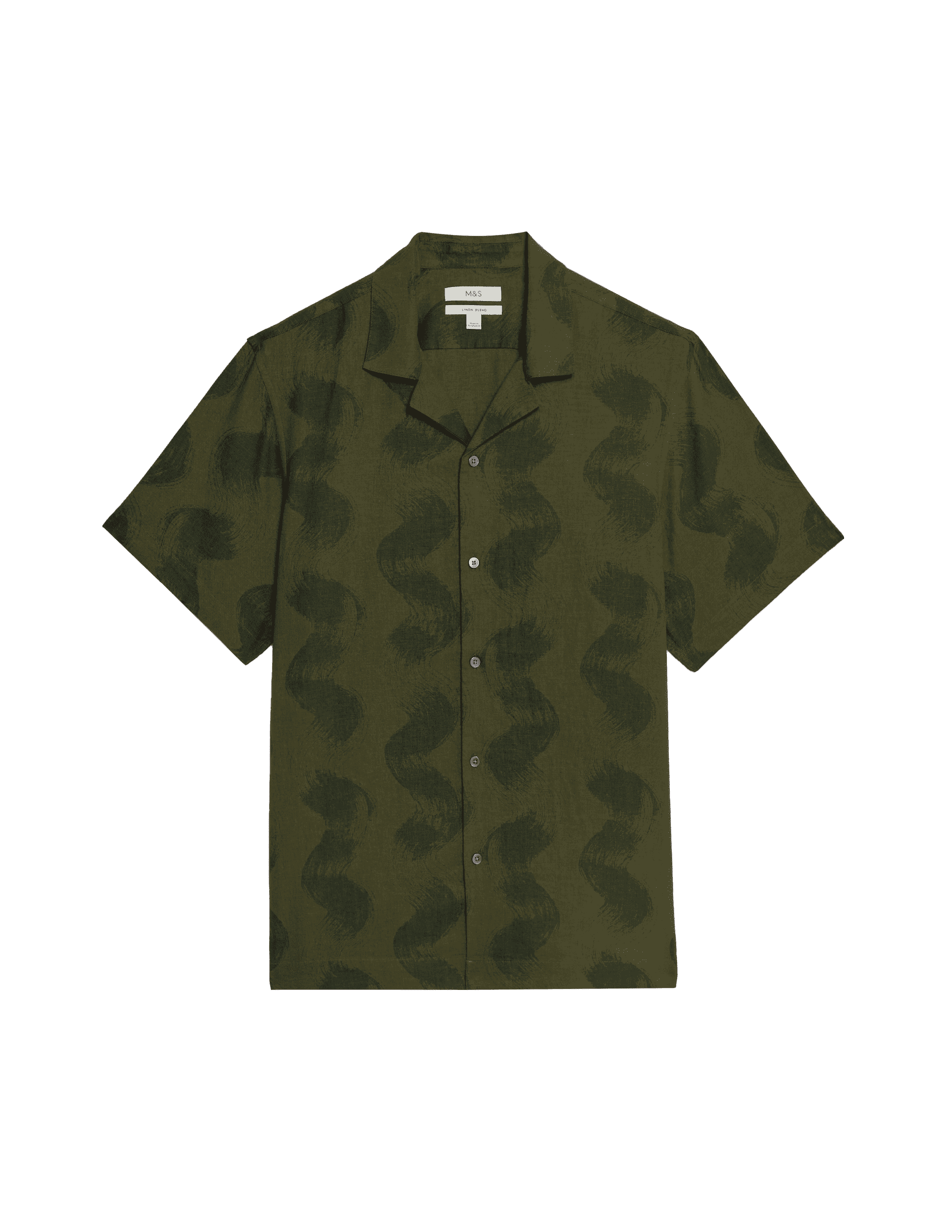 M&S Collection Men's Linen Rich Cuban Collar Wave Print Shirt - LREG - Khaki, Khaki,Ecru