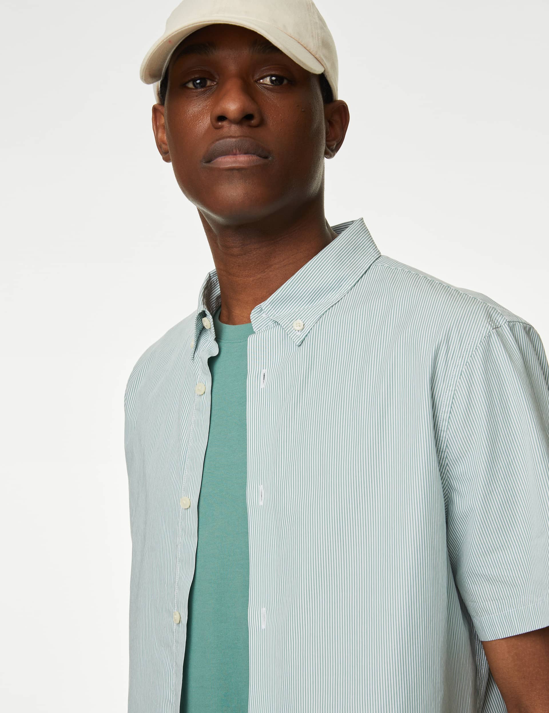 M&S Men's Pure Cotton Striped Shirt - XREG - Green Mix, Green Mix