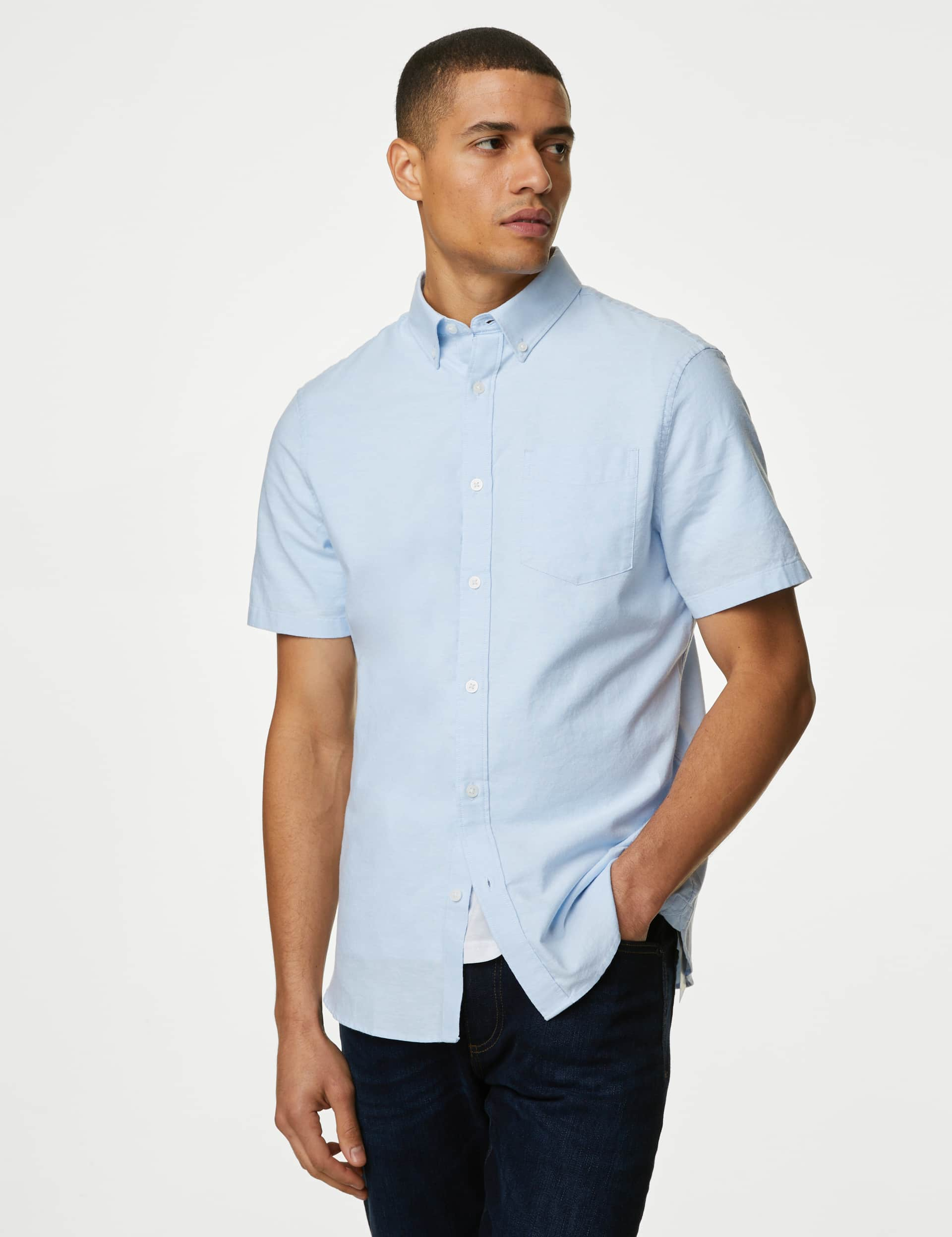 M&S Men's Pure Cotton Oxford Shirt - Light Blue, Light Blue