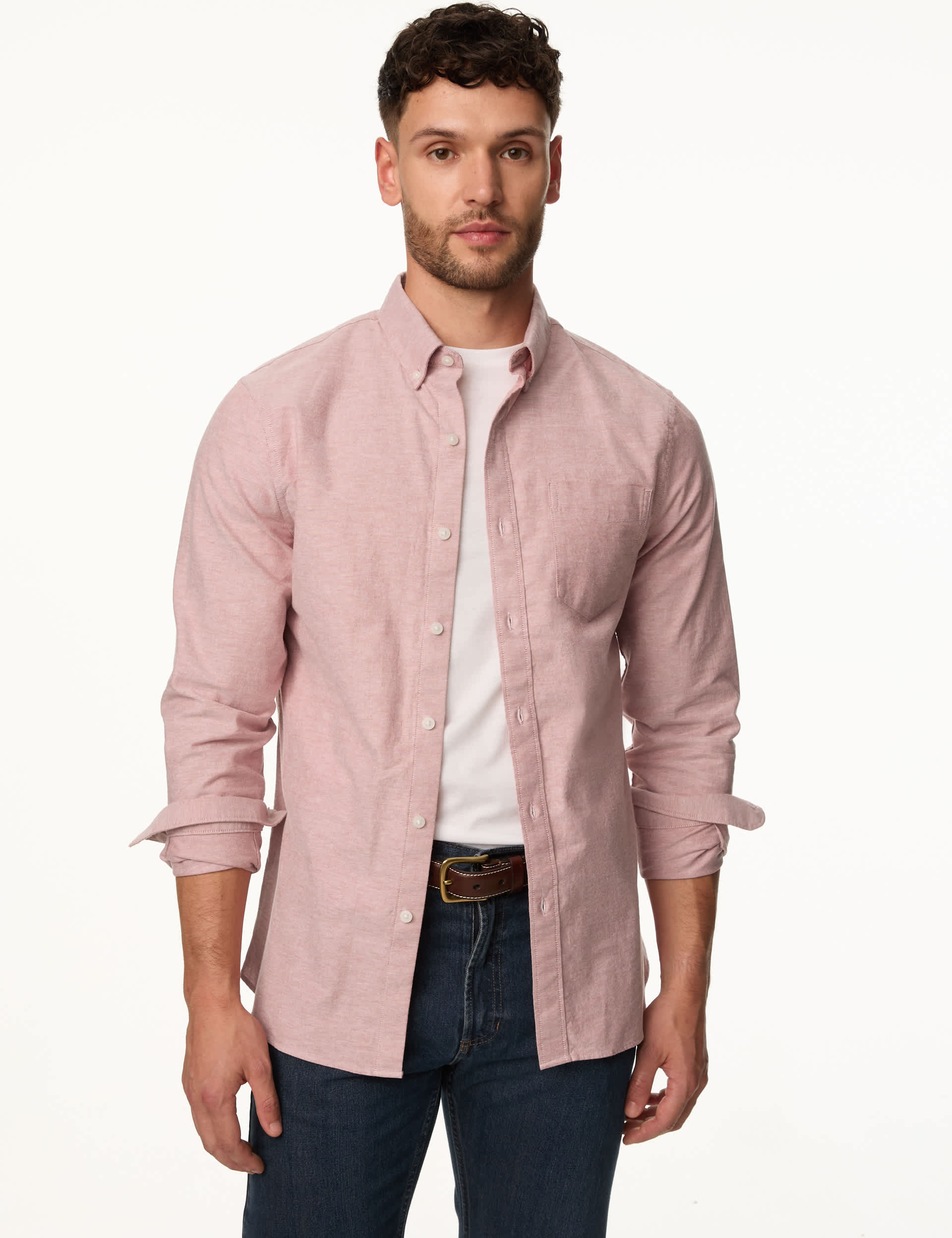 M&S Collection Men's Easy Iron Pure Cotton Oxford Shirt - XLREG - Light Pink, Brandy,Light Pink,Moss