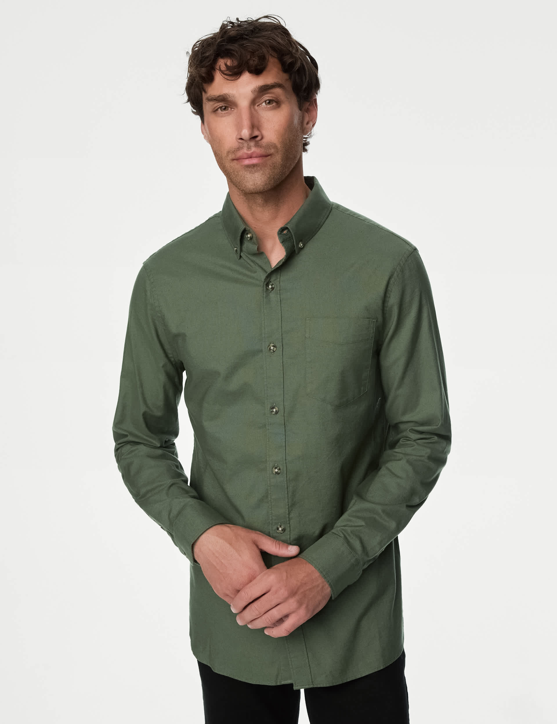 M&S Men's Easy Iron Pure Cotton Oxford Shirt - LREG - Moss Green, Burgundy,Brandy,Moss Green,Evergre