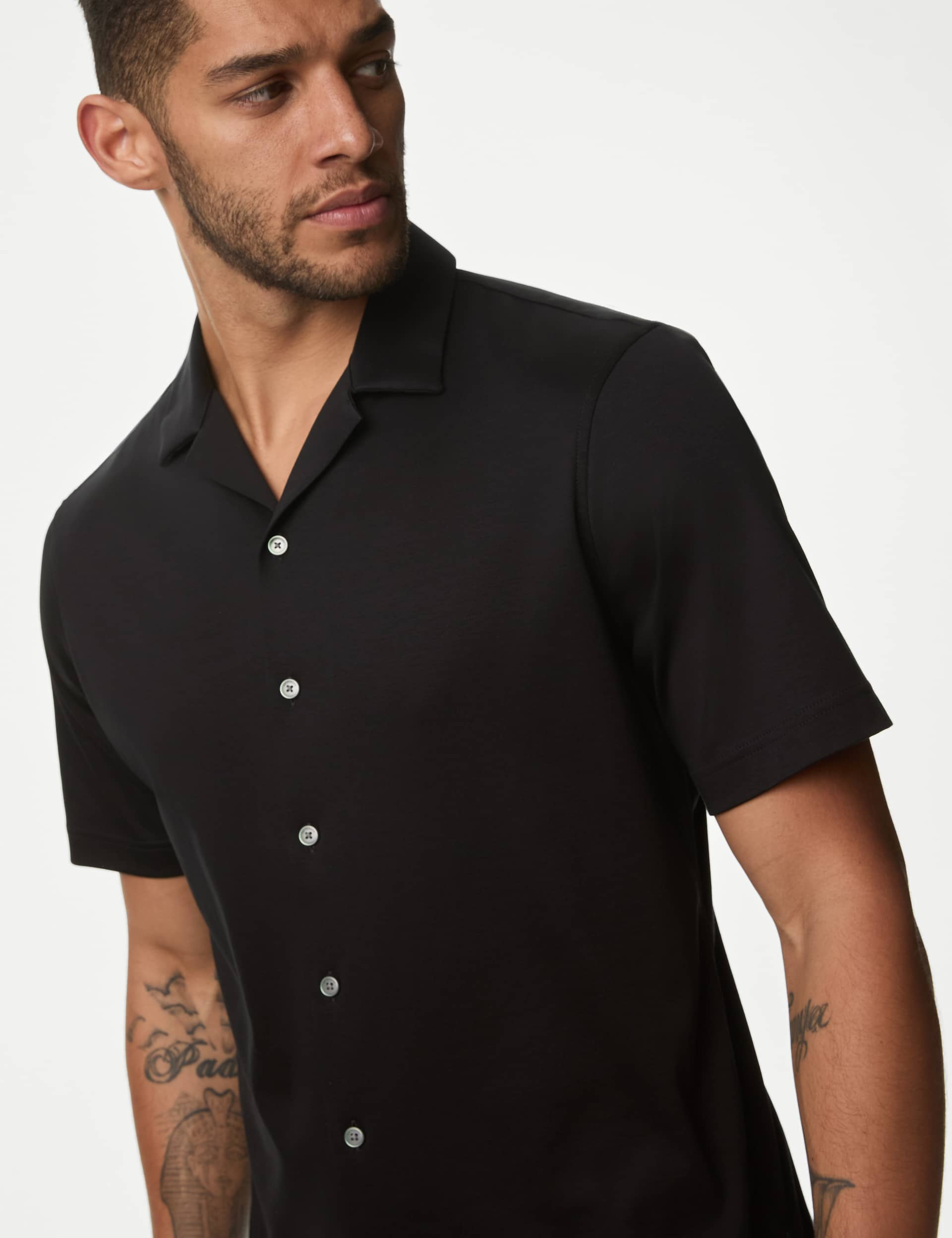 Autograph Men's Pure Cotton Cuban Collar Jersey Shirt - LREG - Black, Black