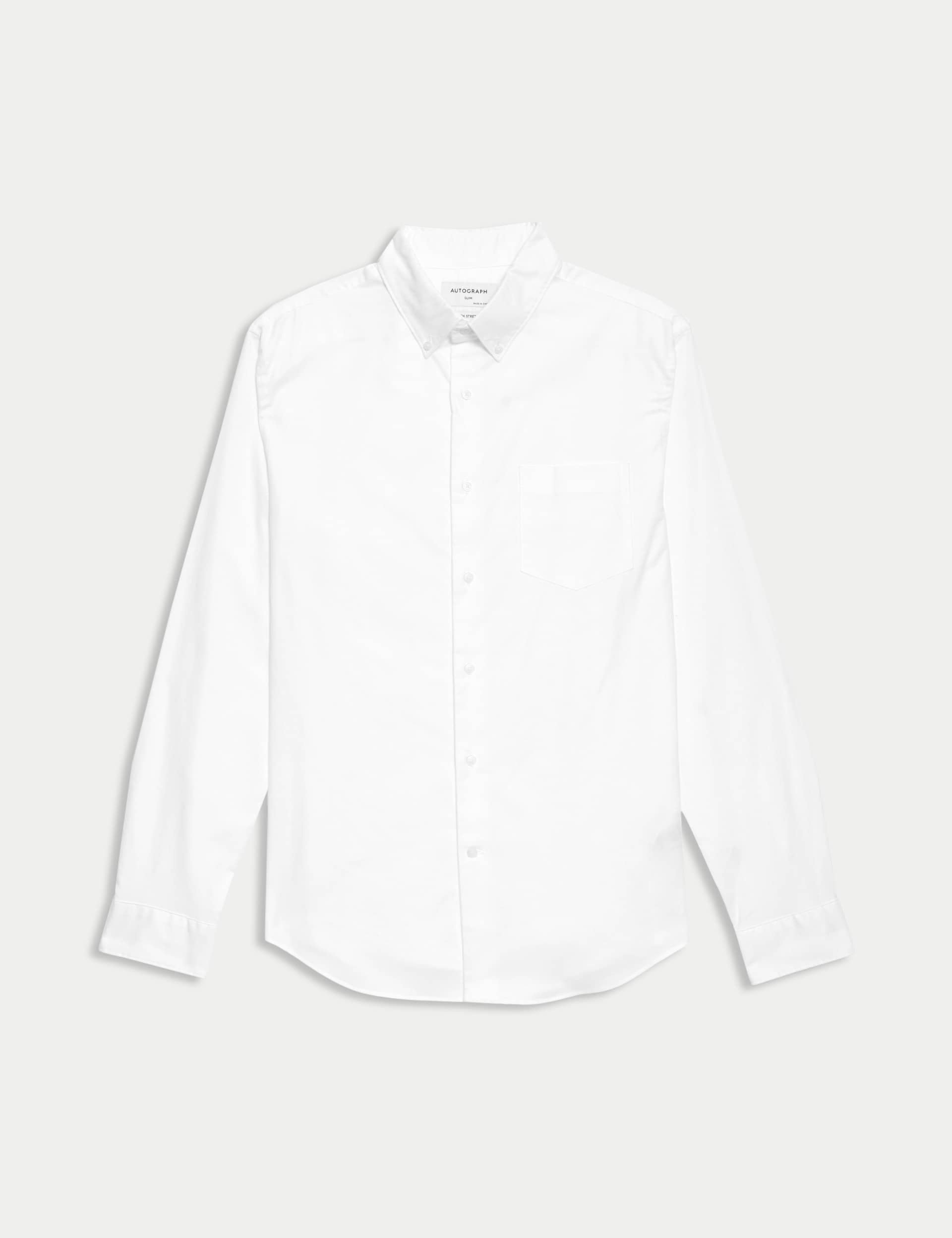 Autograph Men's Slim Fit Cotton Rich Oxford Shirt - LREG - White, Chambray,White