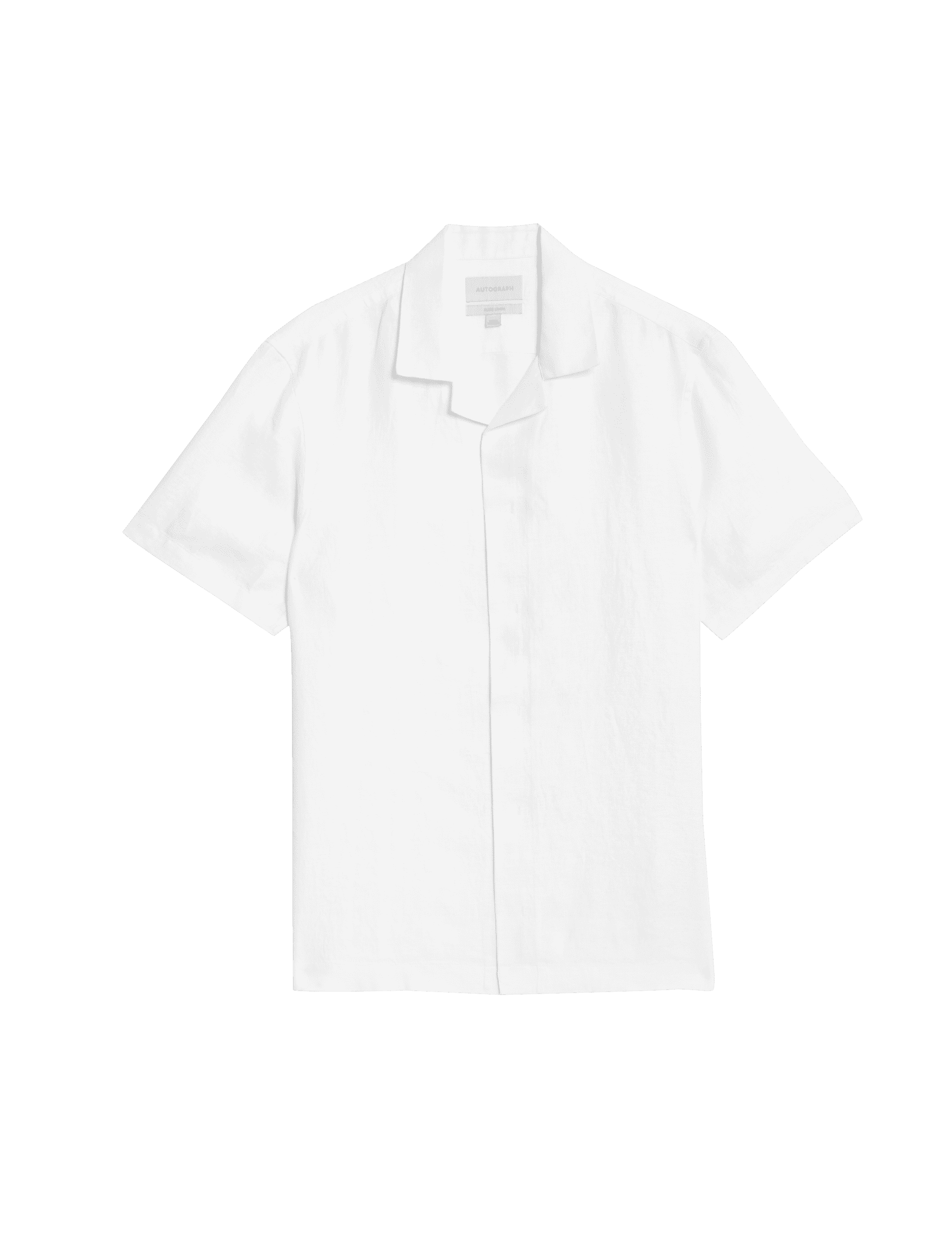 Autograph Men's Pure Linen Herringbone Cuban Collar Shirt - LREG - White, White,Dark Brown