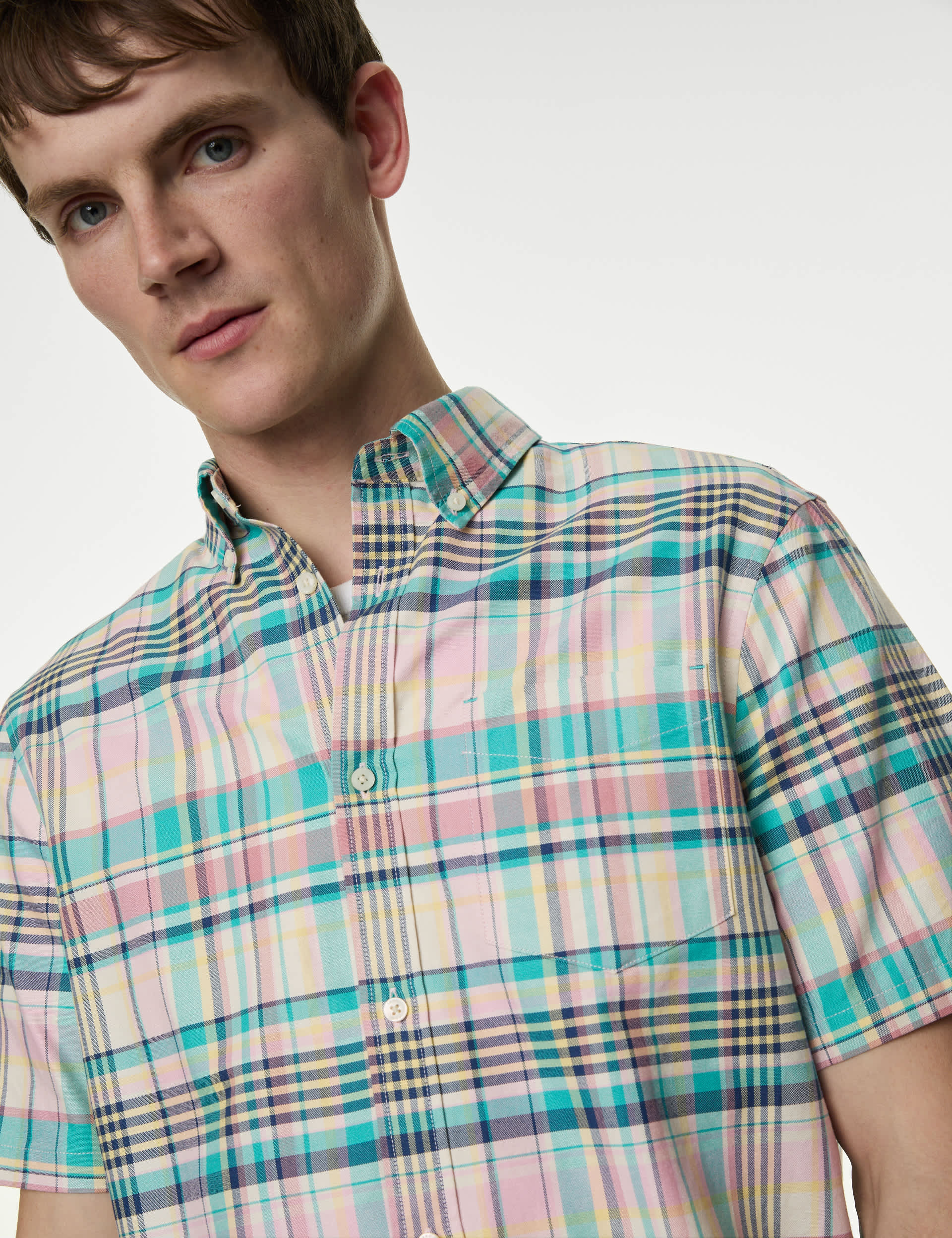 M&S Men's Easy Iron Pure Cotton Check Oxford Shirt