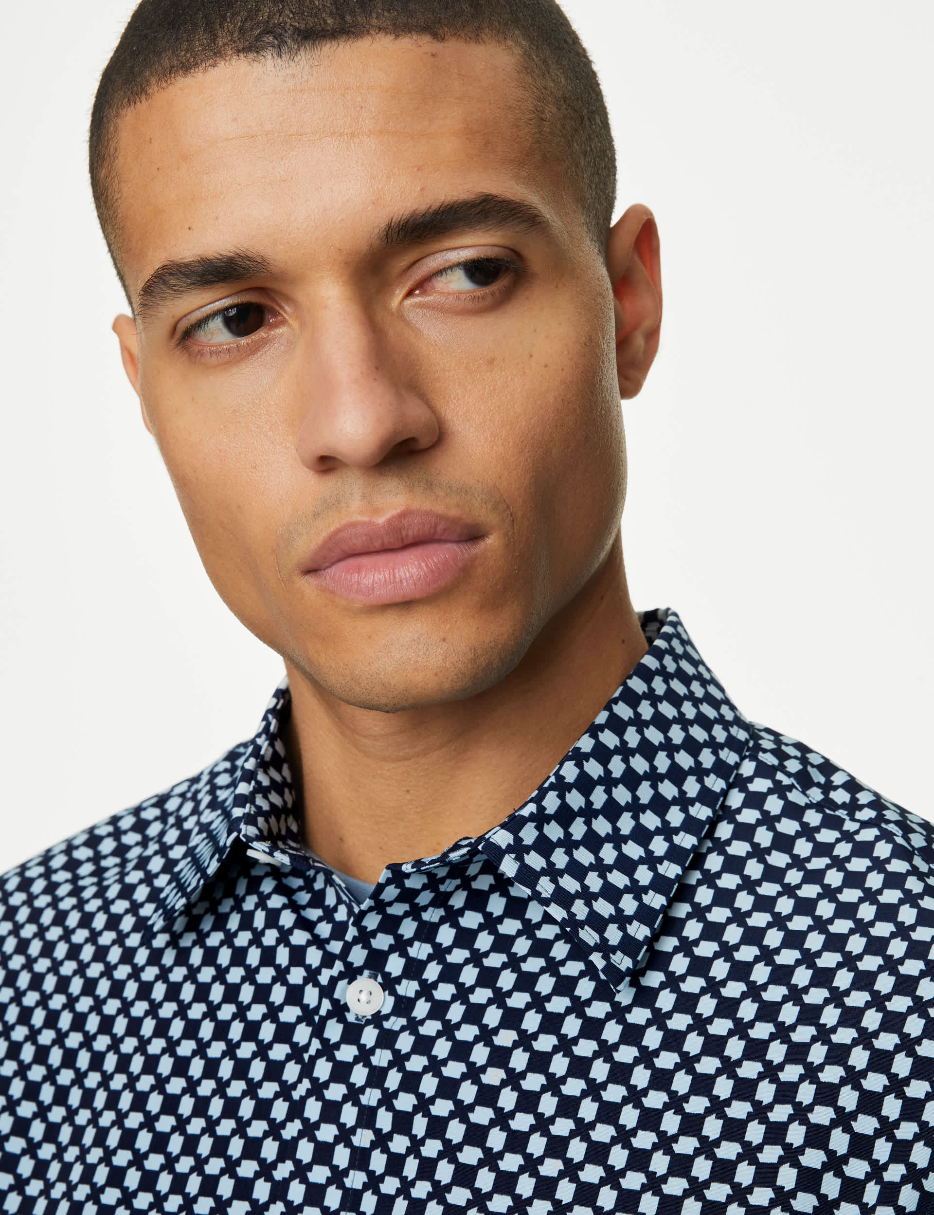 M&S Men's Easy Iron Geometric Print Shirt - XREG - Dark Navy Mix, Ecru Mix,Dark Navy Mix