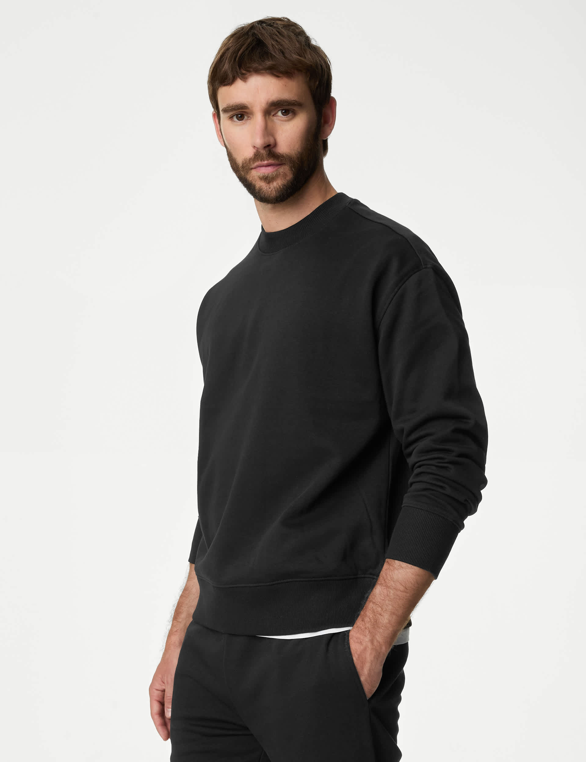 M&S Men's Oversized Cotton Rich Crew Neck Sweatshirt - LREG - Black, Ecru,Grey Marl,Black,Sage Green