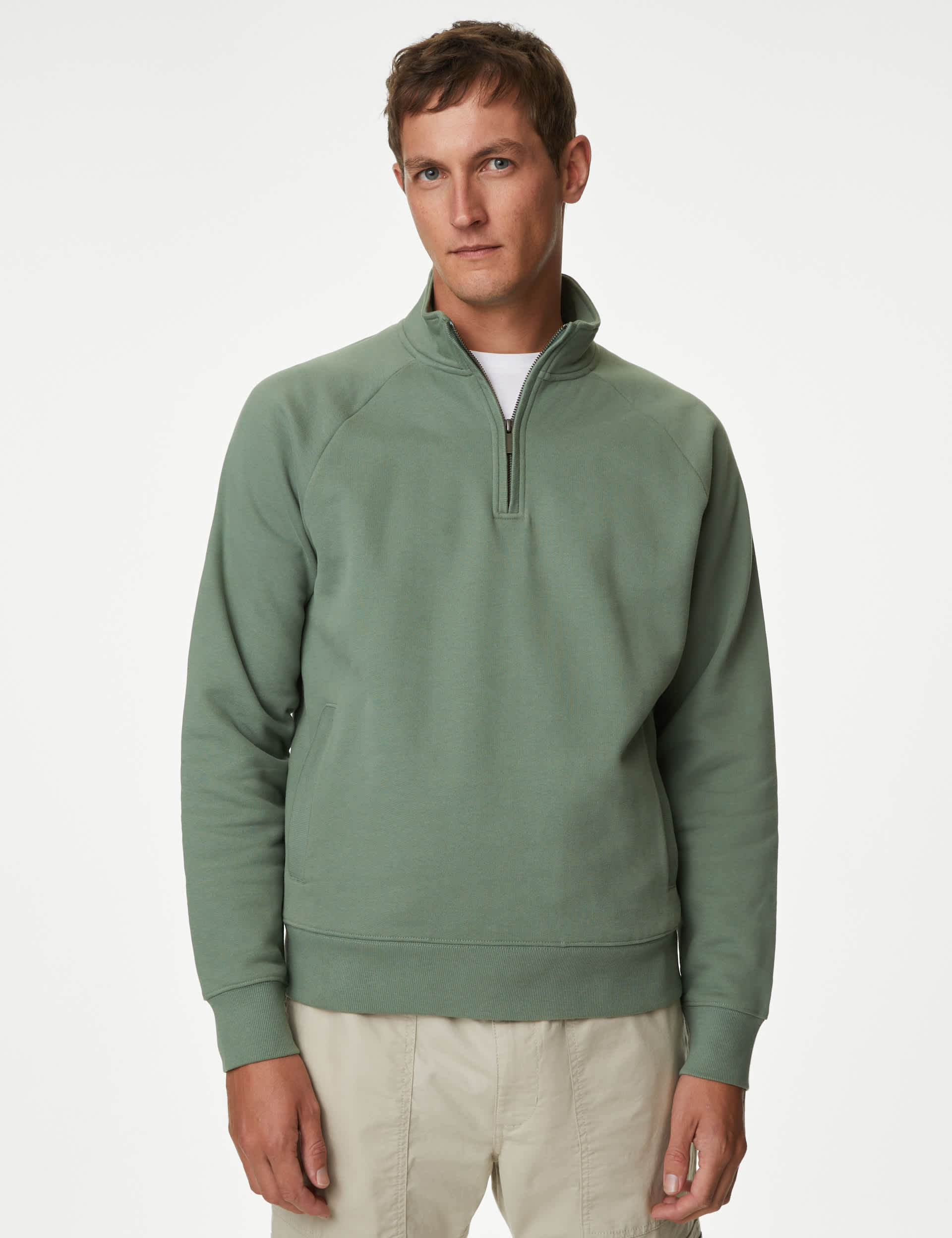 M&S Men's Pure Cotton Half Zip Sweatshirt - XXLREG - Antique Green, Antique Green