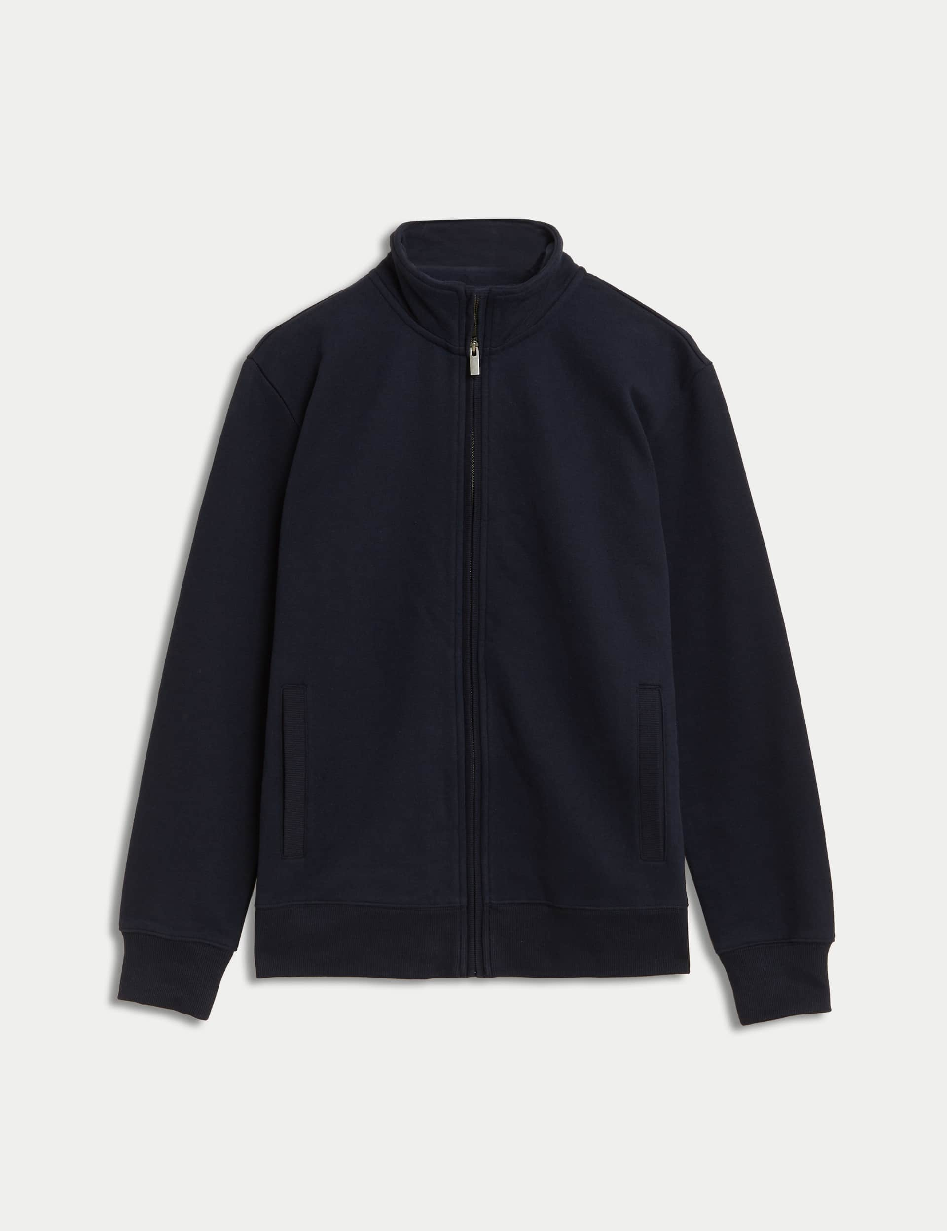 M&S Men's Pure Cotton Zip Up Sweatshirt - LSTD - Dark Navy, Dark Navy