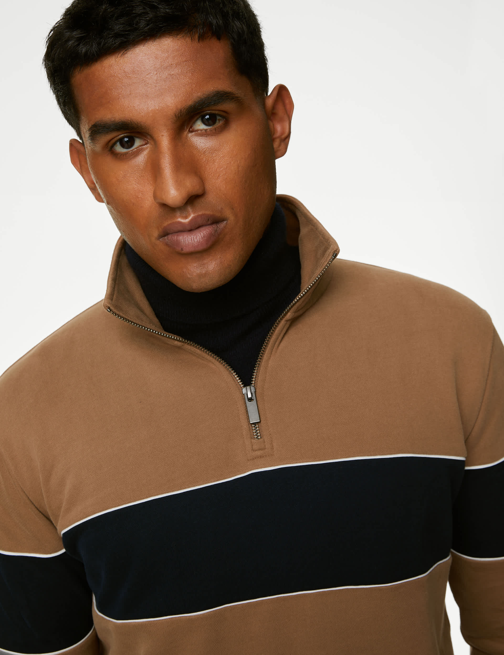 M&S Men's Pure Cotton Colour Block Half Zip Sweatshirt - XXLREG - Light Brown, Light Brown