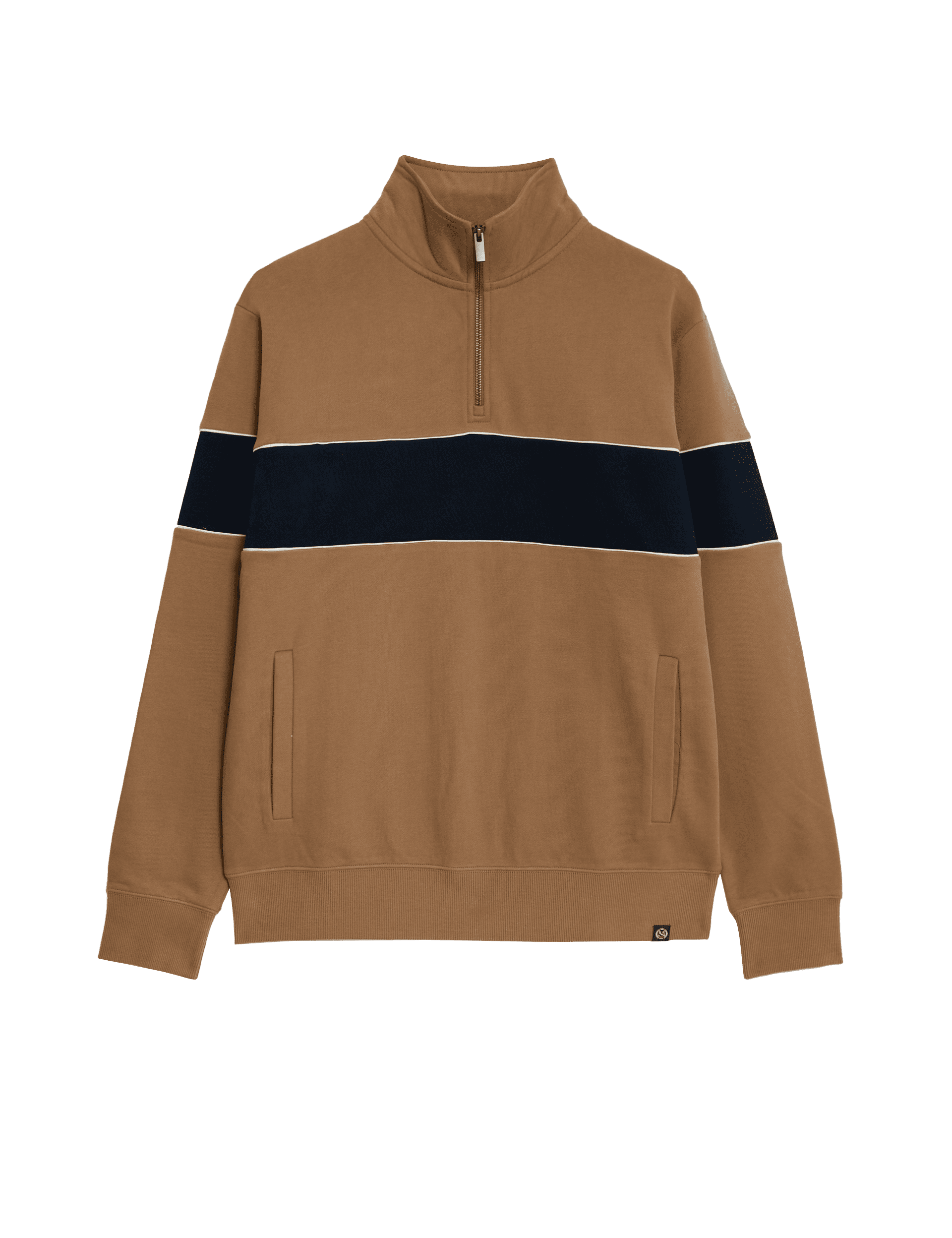 M&S Collection Men's Pure Cotton Colour Block Half Zip Sweatshirt - XXLREG - Light Brown, Light Brow