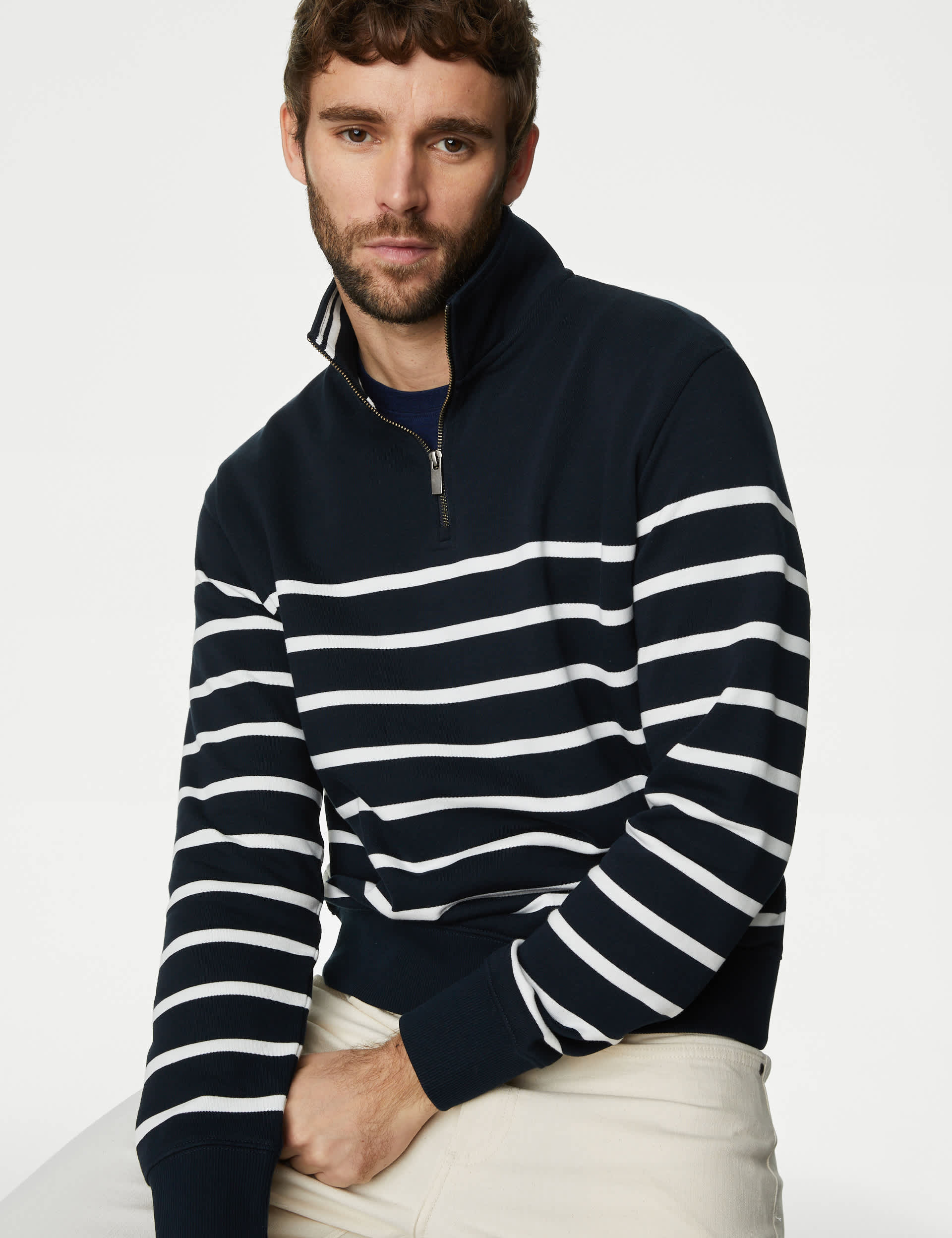 M&S Men's Pure Cotton Striped Sweatshirt - LREG - Dark Navy Mix, Grey Mix,Dark Navy Mix