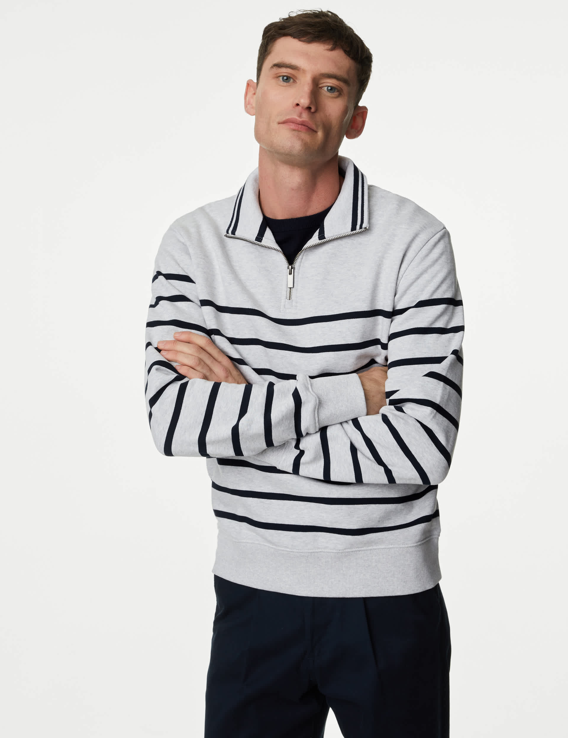 M&S Men's Pure Cotton Striped Sweatshirt - XXXLLNG - Grey Mix, Grey Mix,Dark Navy Mix