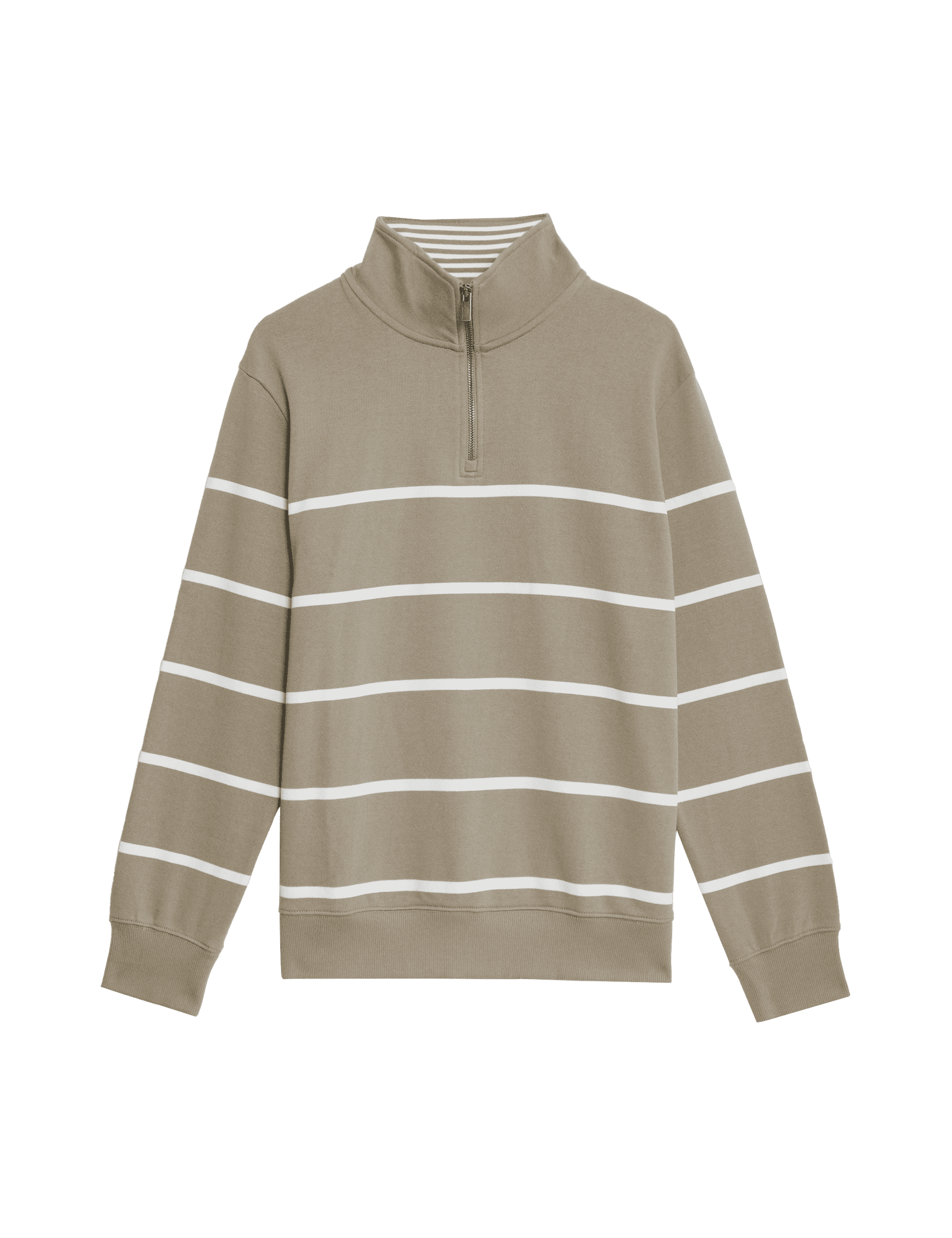 M&S Collection Men's Pure Cotton Striped Half Zip Sweatshirt - LREG - Sand, Sand,Pale Blue