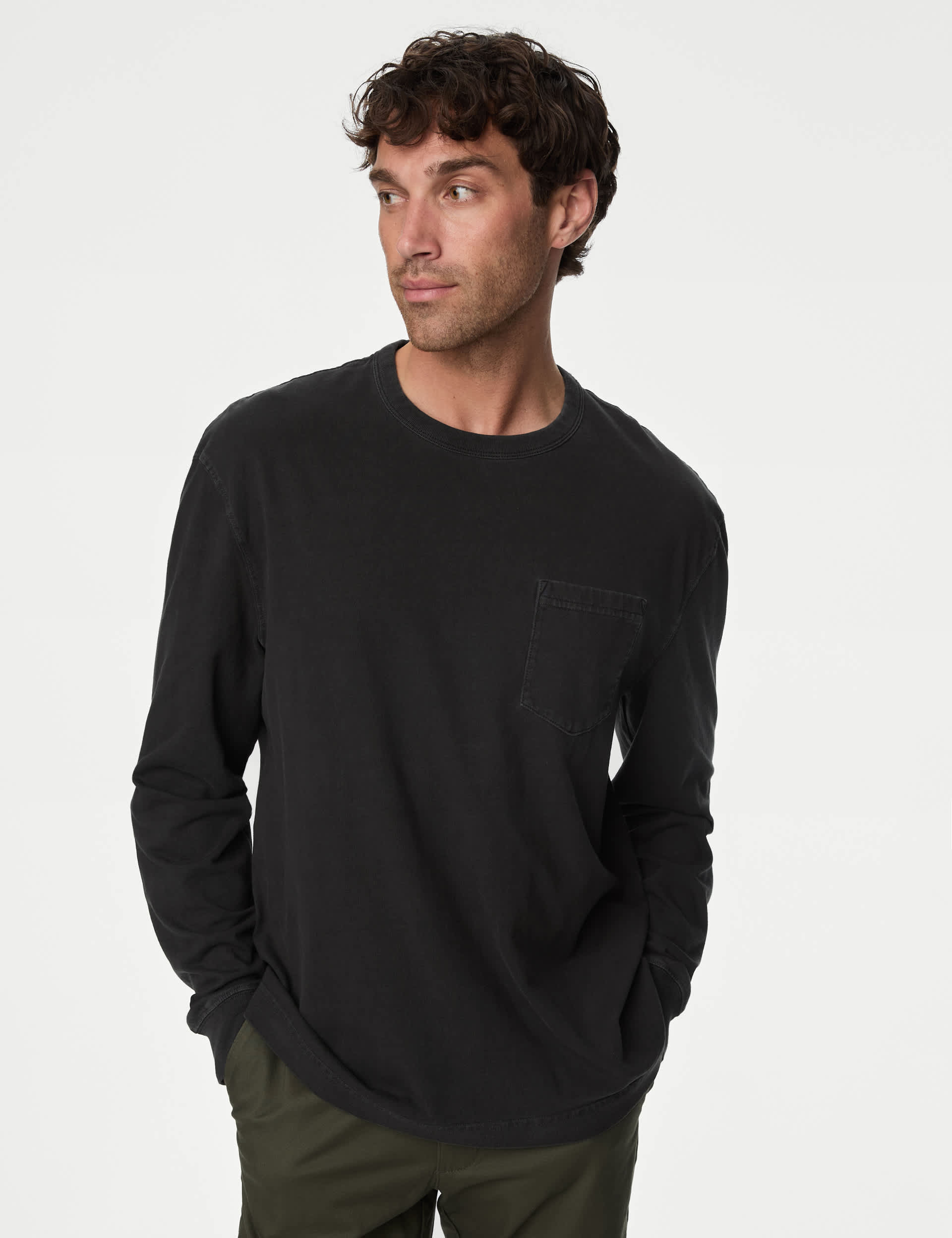 M&S Men's Pure Cotton Long Sleeve T-Shirt - MREG - Black, Silver Grey,Claret,Dark Navy,Bottle Green,