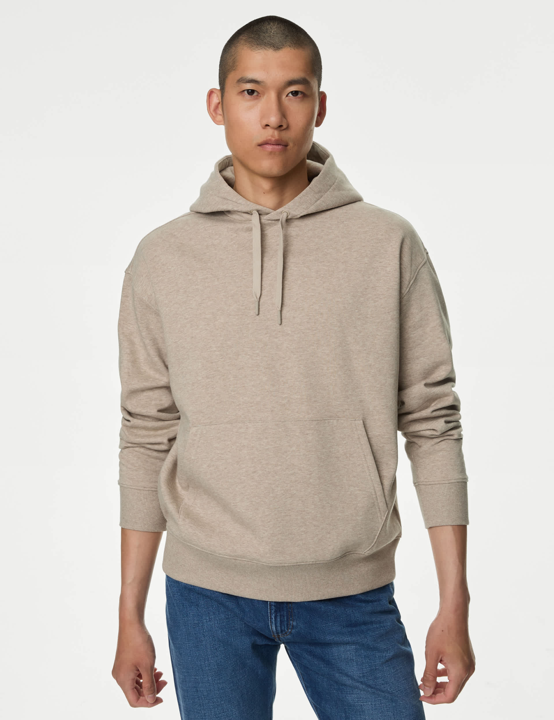 M&S Men's Oversized Cotton Rich Hoodie - LREG - Dark Stone, Black,Dark Navy,Air Force Blue,Dark Khak