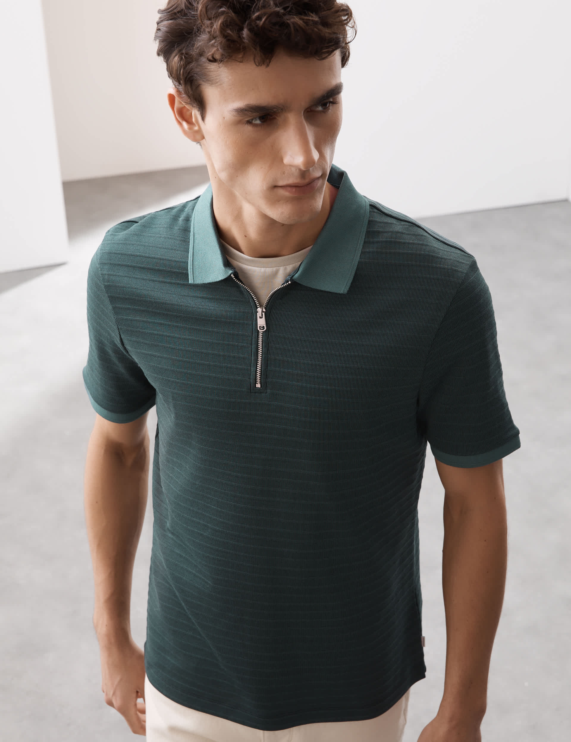 Autograph Men's Cotton Blend Textured Polo Shirt - SREG - Petrol Green, Stone,Petrol Green,Twilight