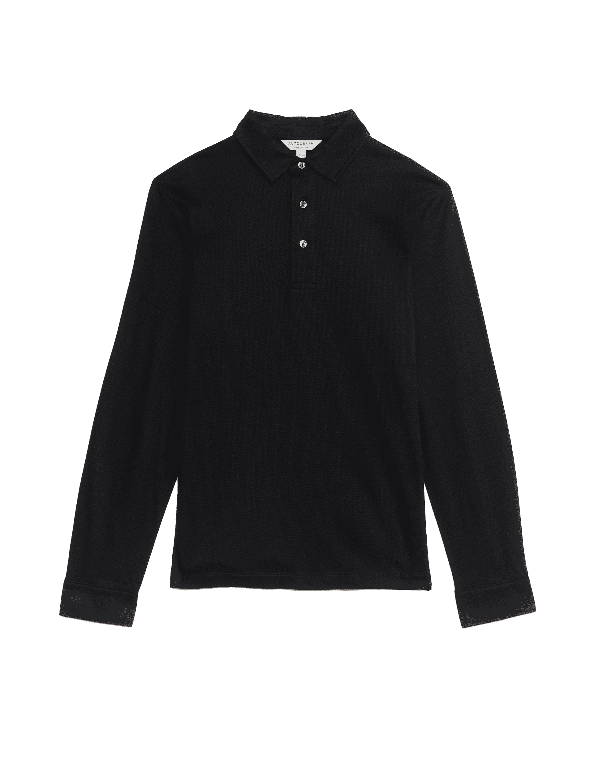 Autograph Men's Pure Cotton Textured Long Sleeved Polo Shirt - LREG - Black, Raisin,Black,Ivory