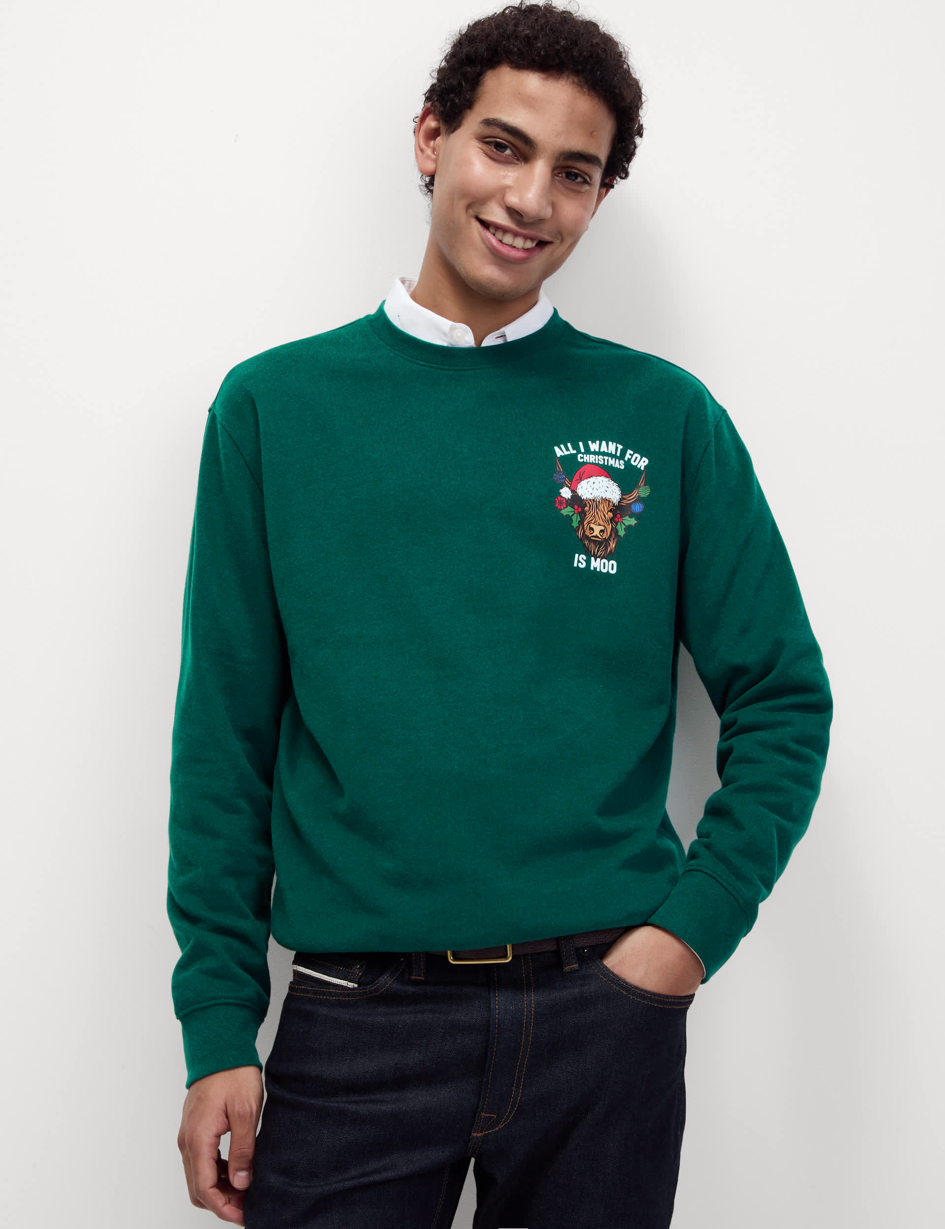 M&S Collection Men's Pure Cotton All I Want For Christmas Sweatshirt - LREG - Holly, Holly