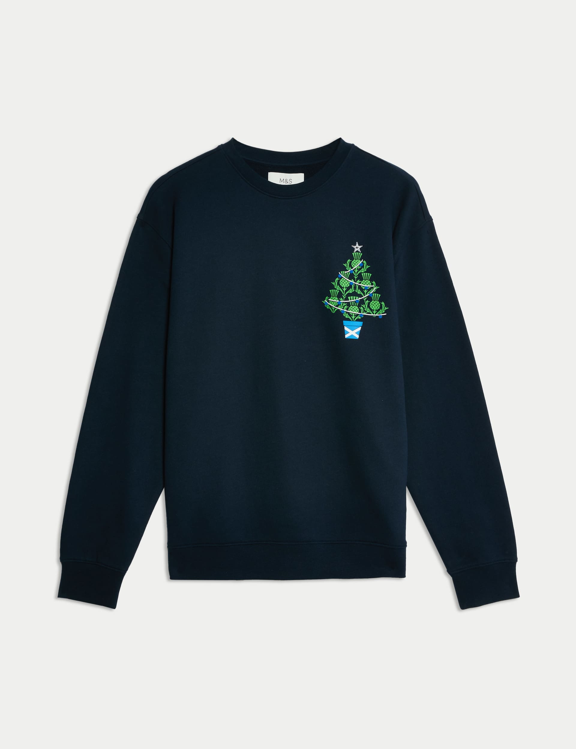 M&S Collection Men's Pure Cotton Scotland Christmas Tree Sweatshirt - MREG - Dark Navy, Dark Navy