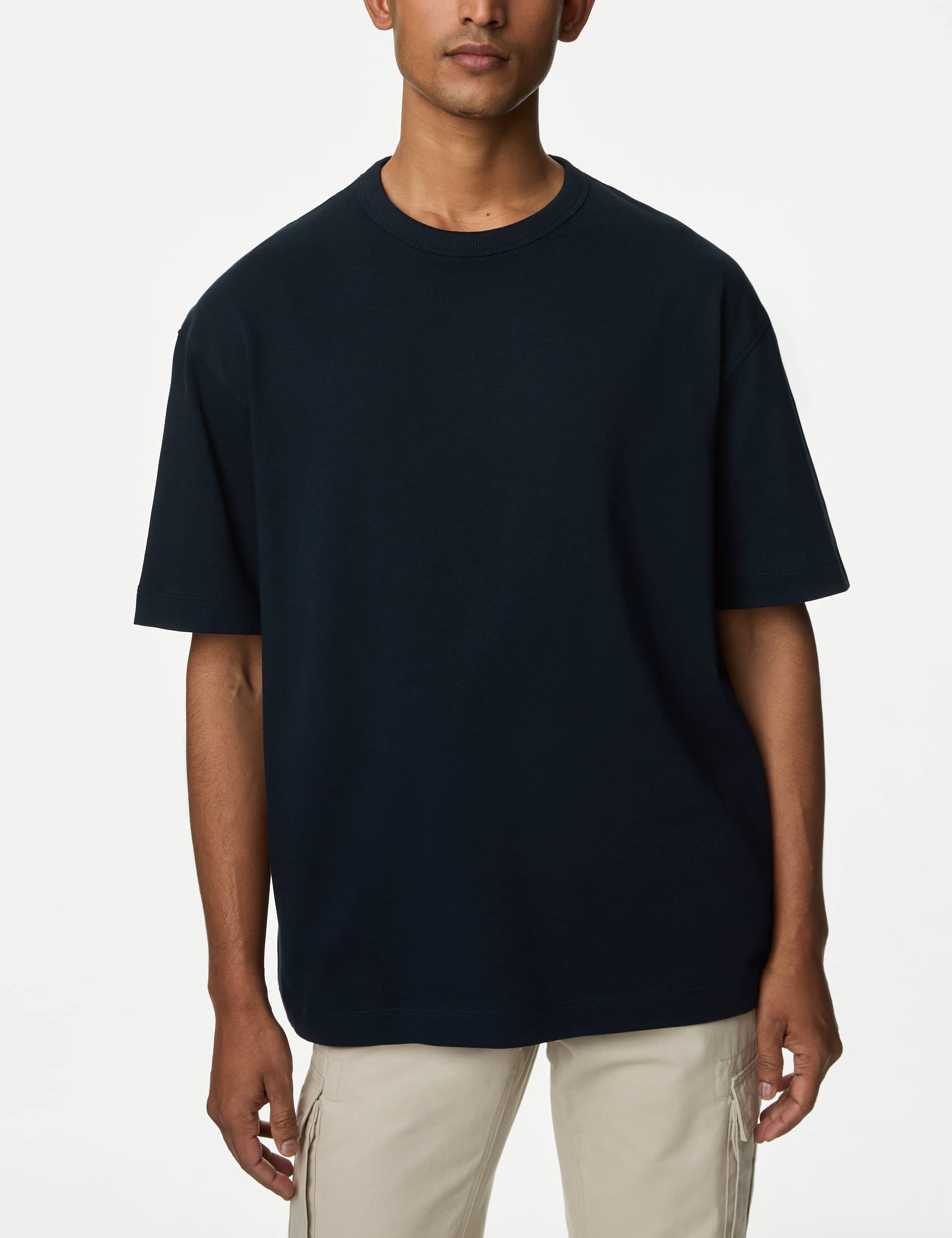 M&S Men's Oversized Pure Cotton Heavy Weight T shirt - XLREG - Dark Navy, Dark Navy,Grey Marl,Ecru,S