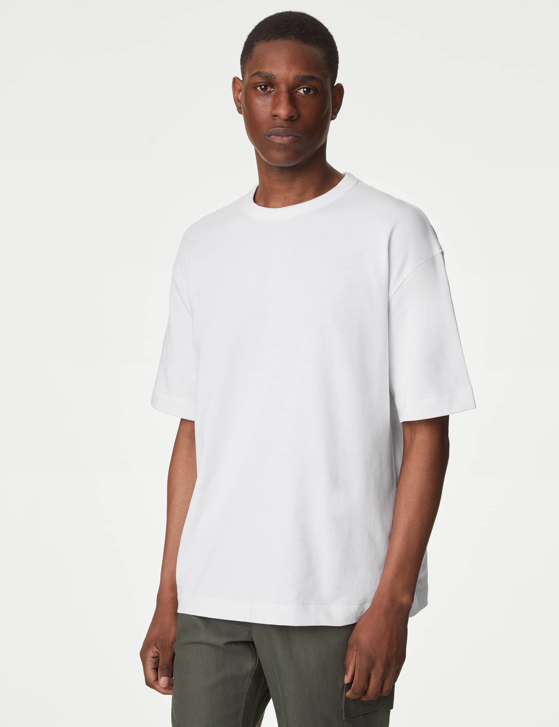 M&S Men's Oversized Pure Cotton Heavy Weight T shirt - XLREG - White, Dark Navy,Black,White