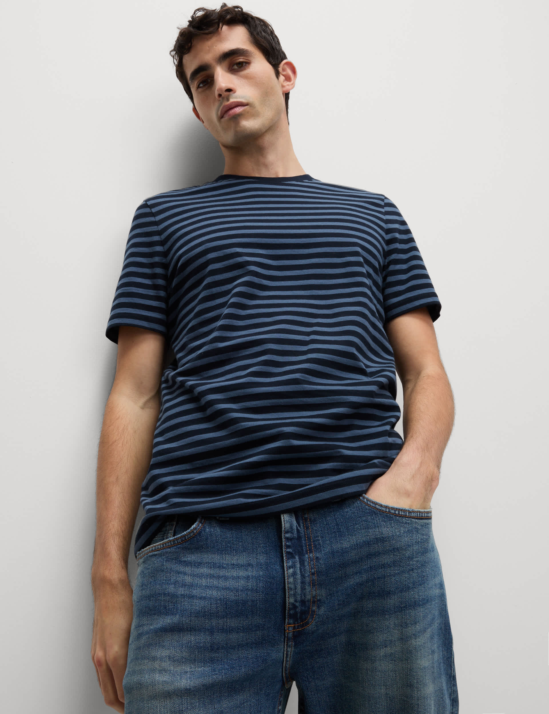 M&S Collection Men's Regular Fit Crew Neck Striped T-Shirt - LREG - Dark Navy Mix, Navy Mix,Light Airforce,Dark Navy Mix