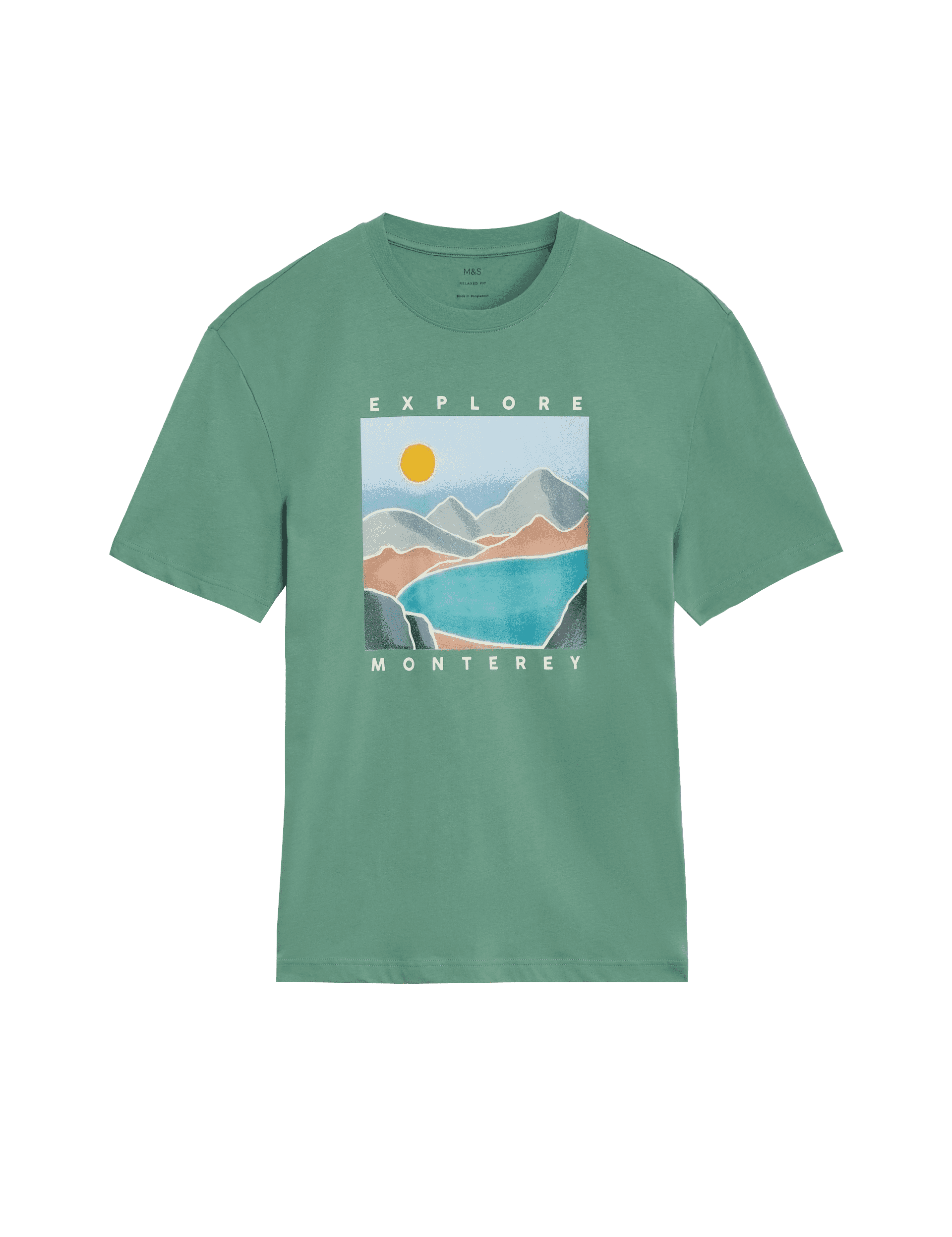 M&S Collection Men's Pure Cotton Explore Monterey Graphic T-Shirt - MREG - Faded Green, Faded Green