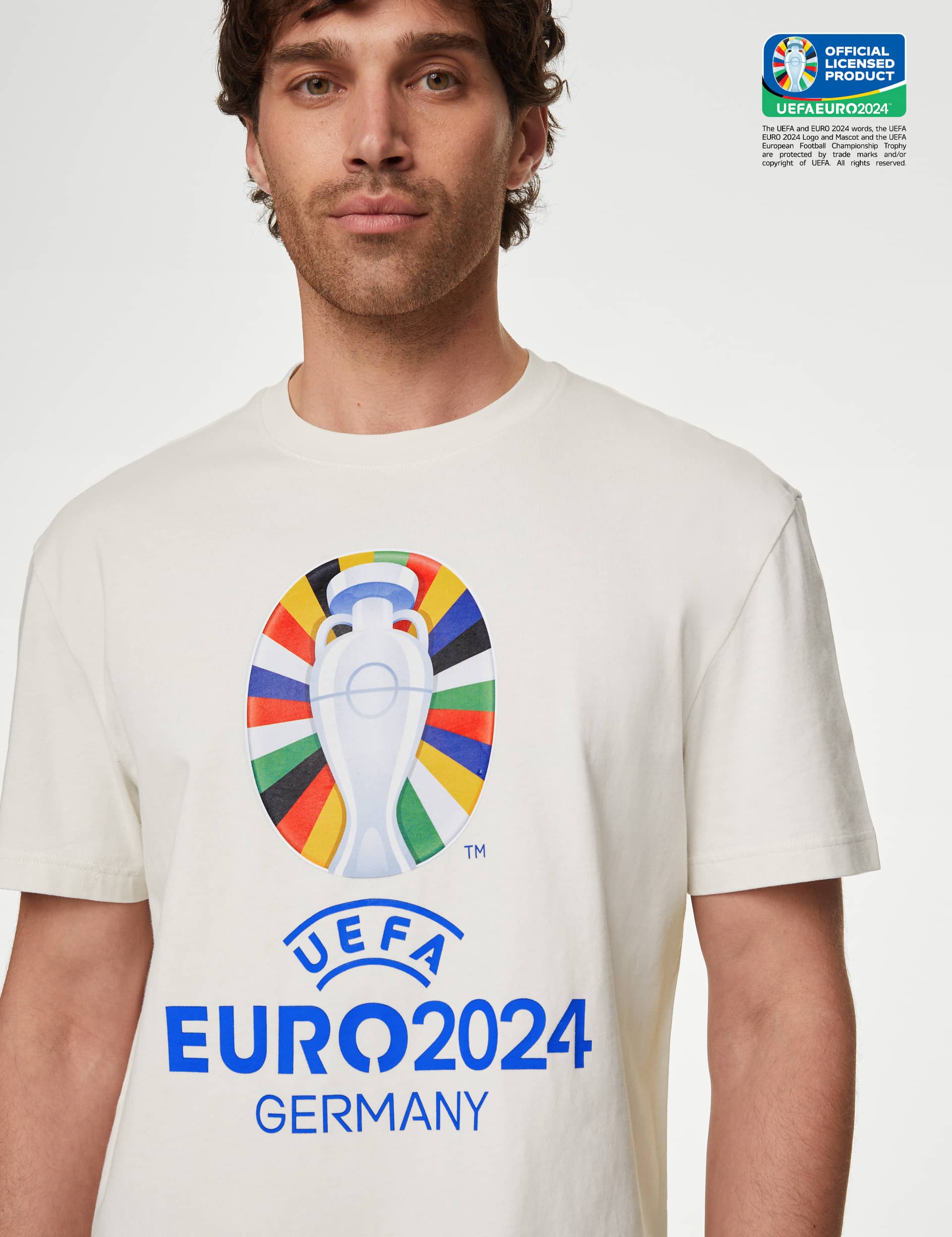 M&S Men's UEFA EURO2024 Pure Cotton T-Shirt - LREG - Ecru, Ecru,Dark Navy