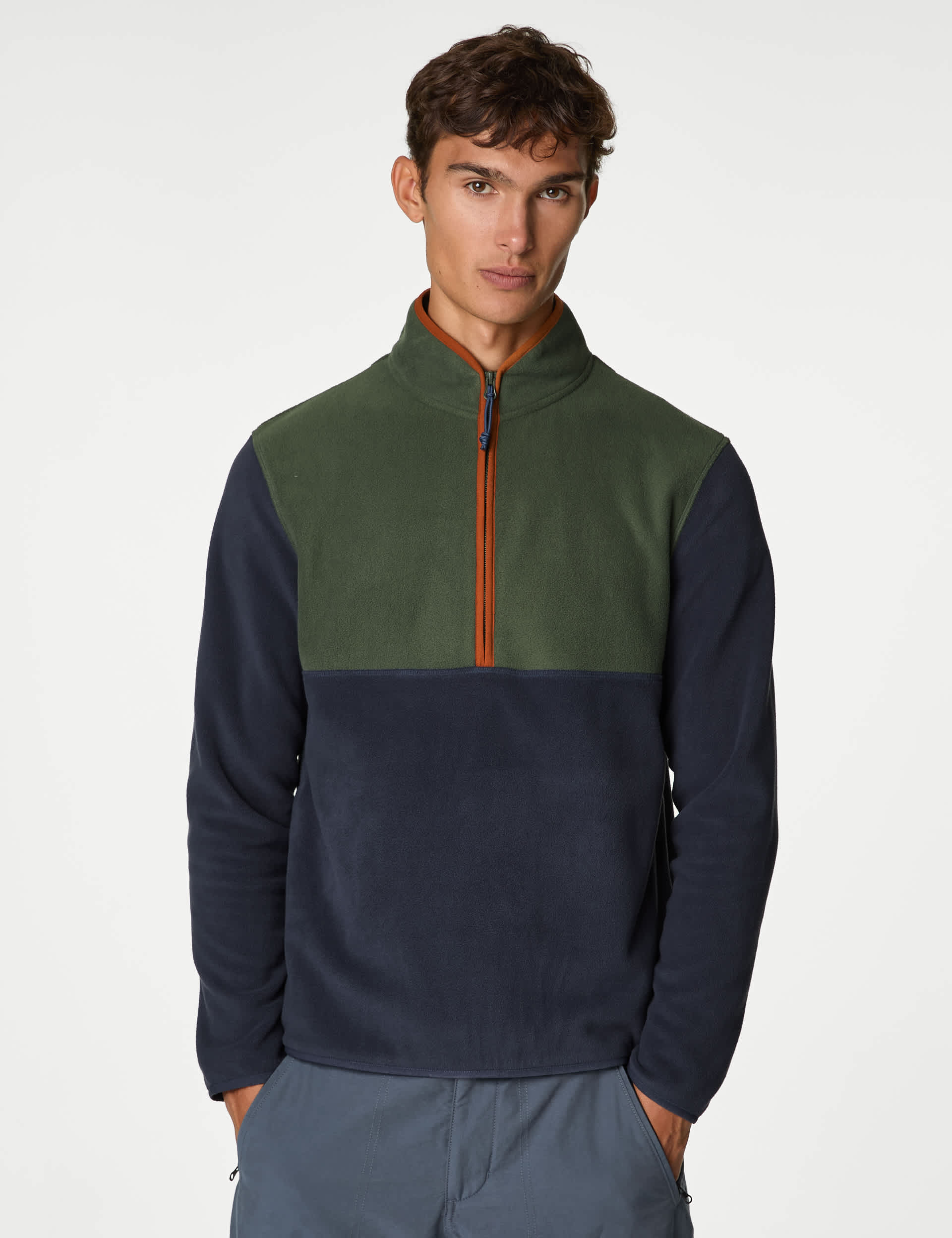 Goodmove Men's Half Zip Colour Block Micro Fleece - XLLNG - Moss Green, Moss Green,Dark Ink