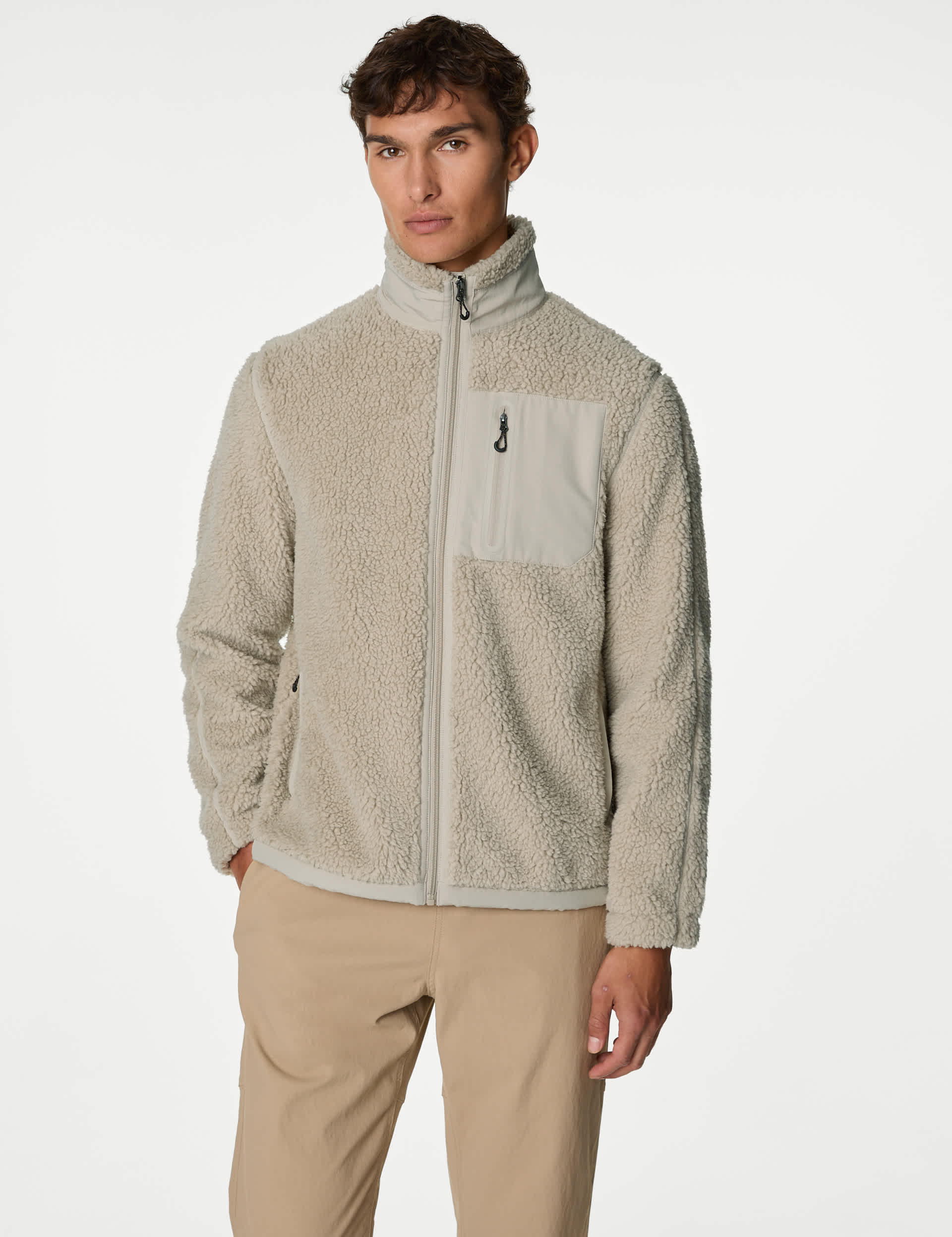 M&S Men's Funnel Neck Fleece Jacket - LREG - Light Natural, Light Natural,Black