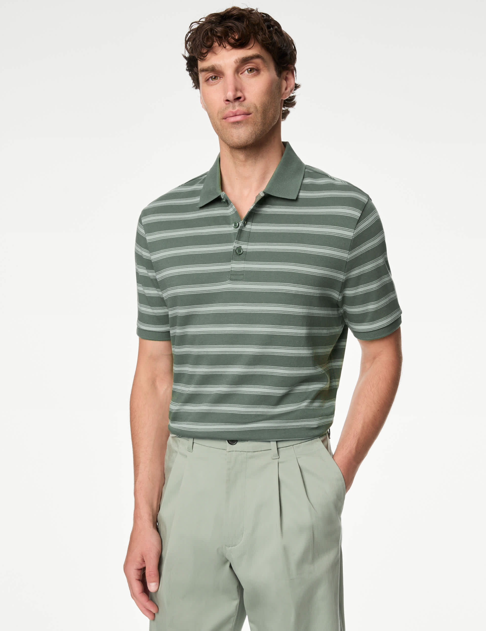 M&S Men's Pure Cotton Striped Polo Shirt - LREG - Green Mix, Navy Mix,Green Mix