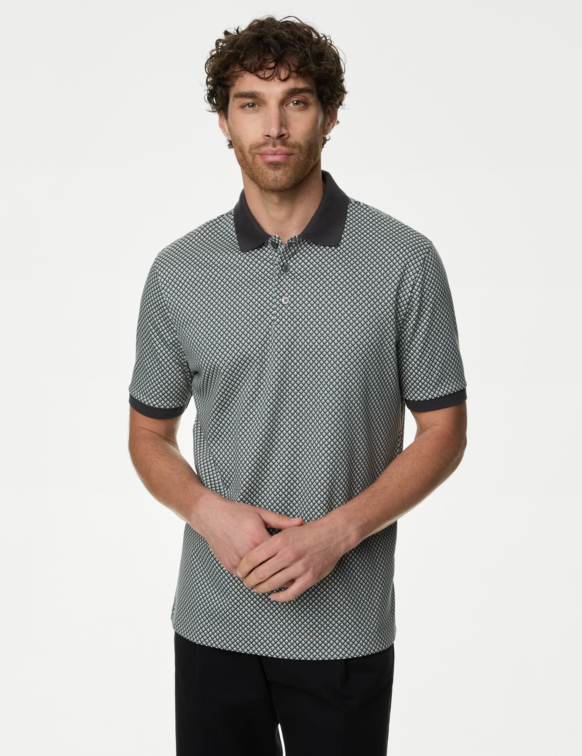 M&S Men's Pure Cotton Geometric Print Polo Shirt - XXXXLREG - Grey Mix, Grey Mix,Dark Navy