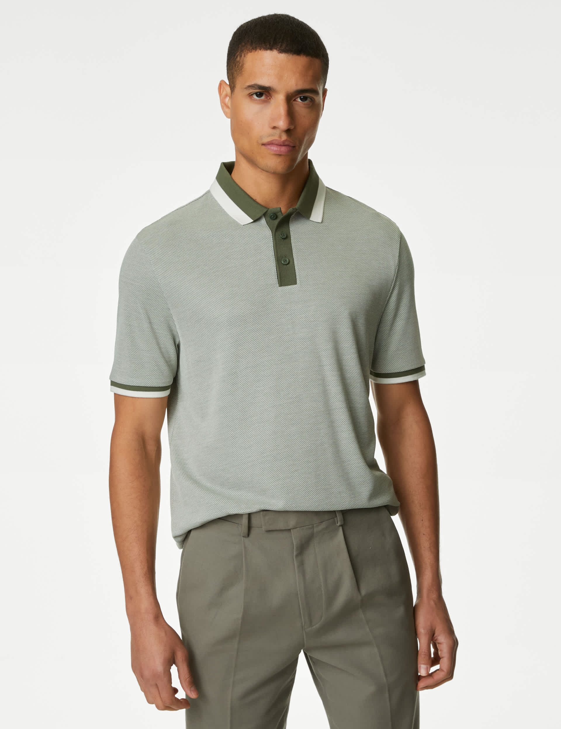 M&S Men's Tipped Polo Shirt - LREG - Moss Green, Natural,Moss Green,Rich Blue