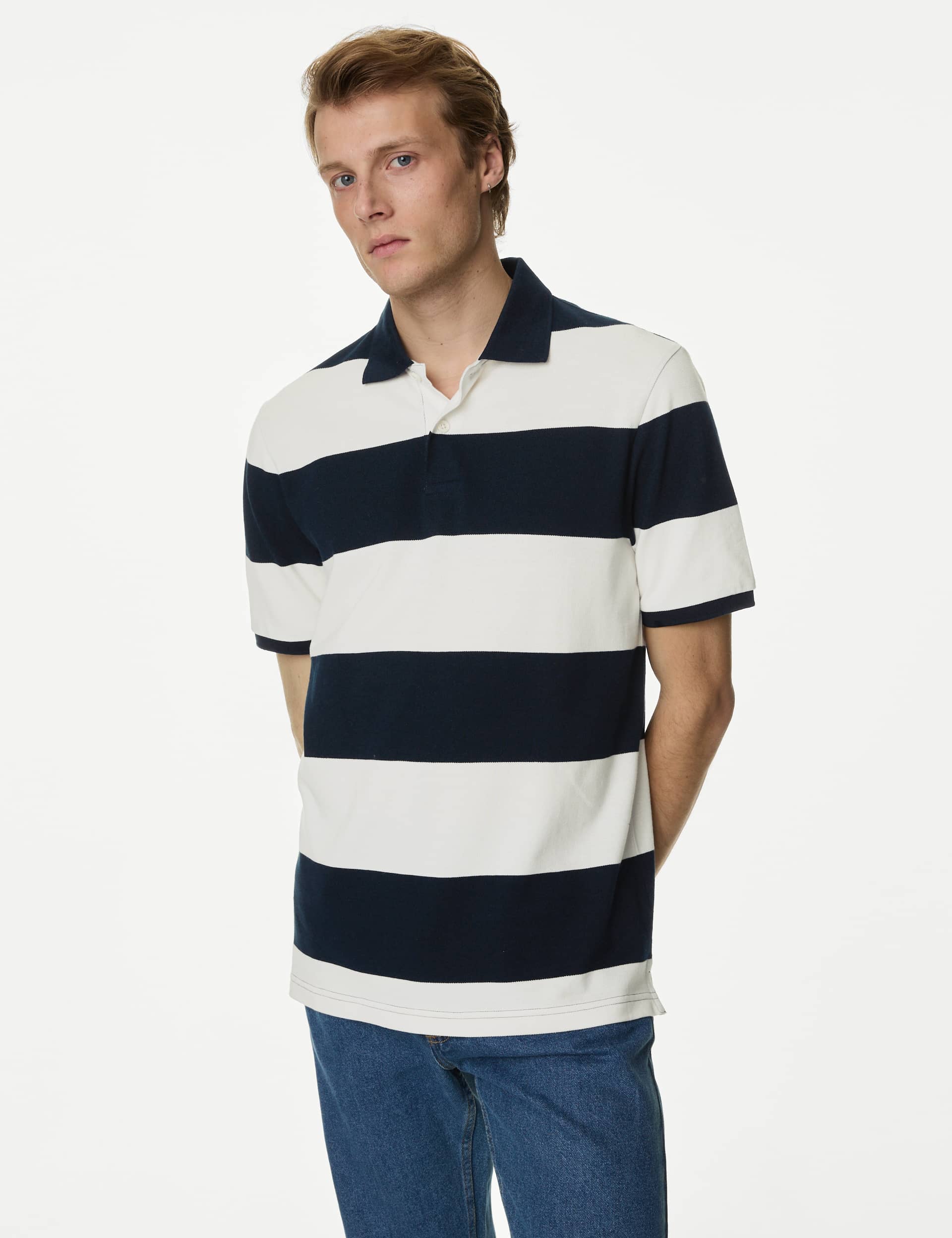 M&S Men's Pure Cotton Striped Pique Polo Shirt - LREG - Navy Mix, Wine Mix,Washed Green,Khaki Mix,Pi