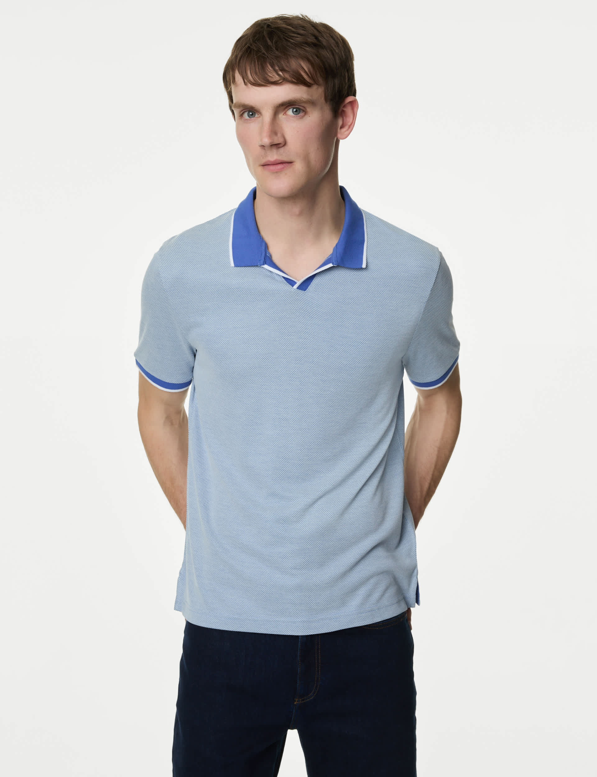 M&S Men's Modal Rich Revere Polo Shirt - LREG - Mid Blue, Wine,Mid Blue,Silver Grey