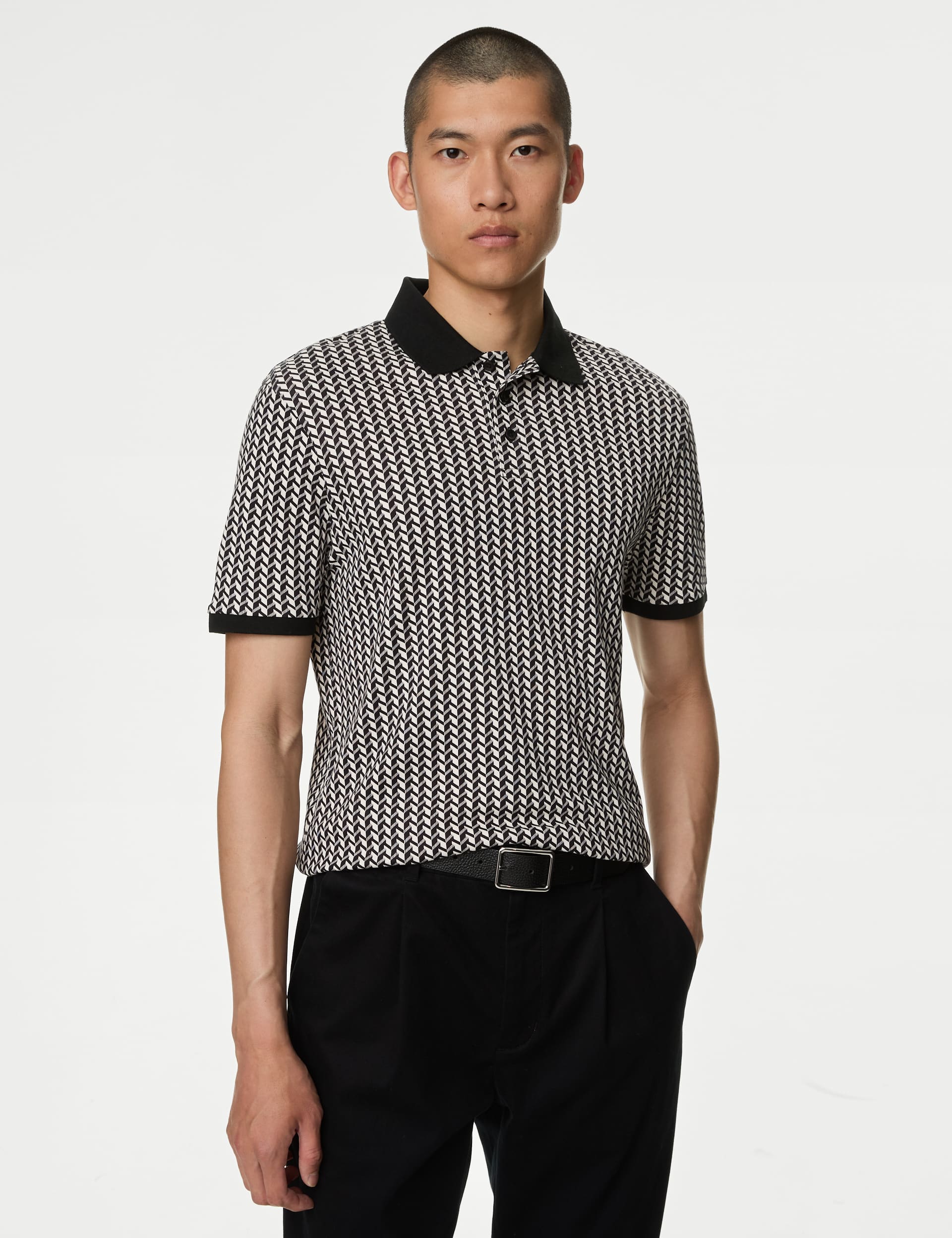 M&S Men's Pure Cotton Geometric Print Polo Shirt - LREG - Black Mix, Navy Mix,Black Mix