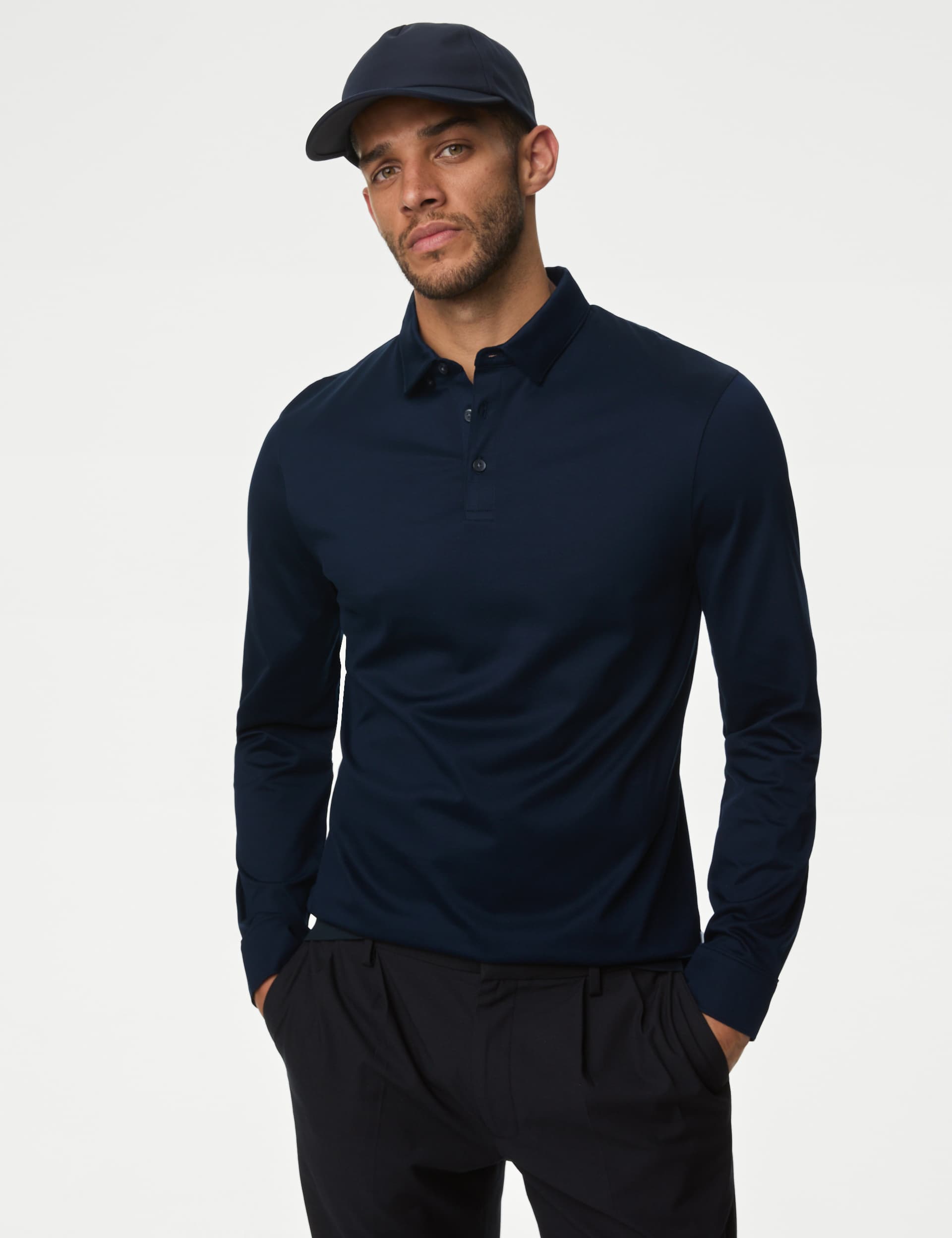 Autograph Men's Pure Supima Cotton Long Sleeve Polo Shirt - LREG - Dark Navy, Dark Navy,Black