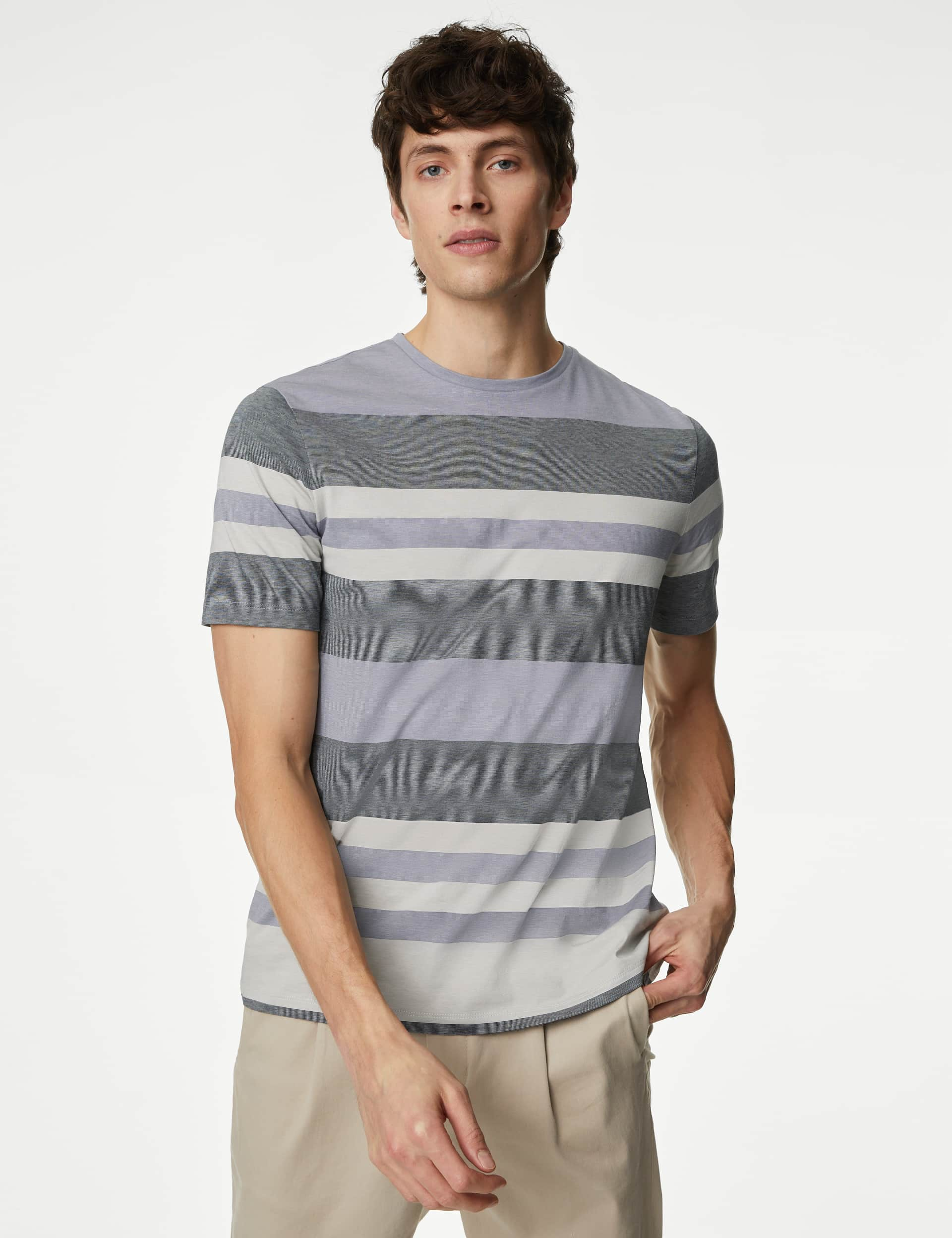 Autograph Men's Pure Cotton Striped T-Shirt - XXLLNG - Grape Mix, Denim Mix,Grape Mix