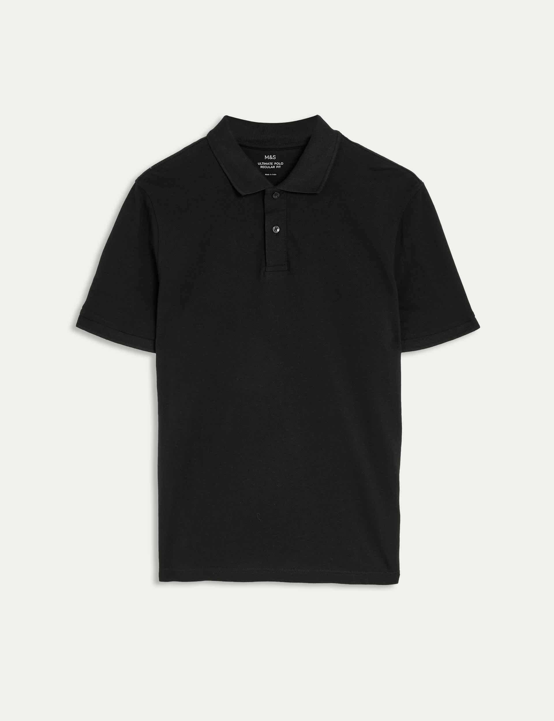 M&S Men's Pure Cotton Pique Regular Fit Polo Shirt - XXLREG - Black, Black,White,Pale Blue,Dark Navy